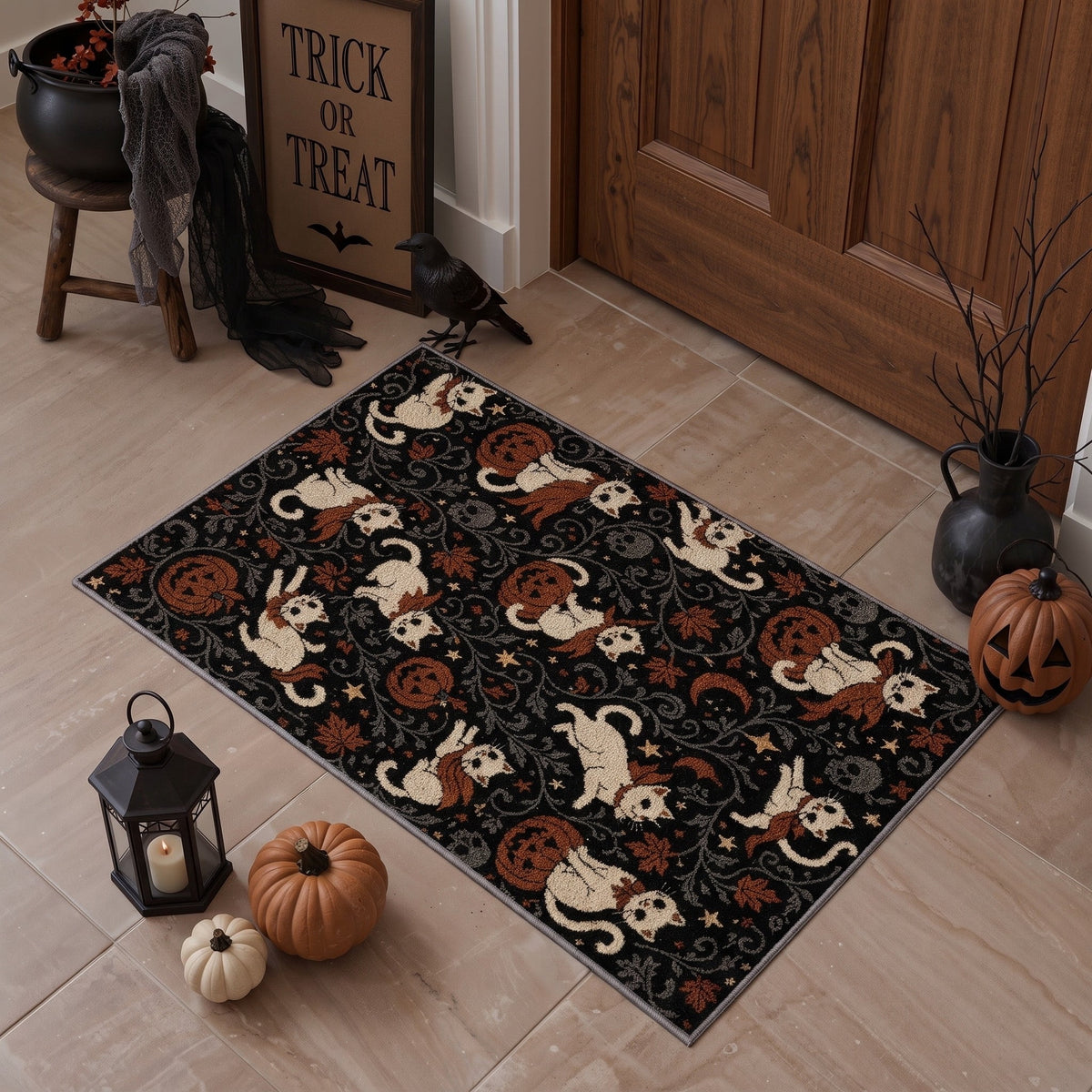 GENIMO 2'x7' Halloween Runner Rug, Washable Non Slip Soft Whimsical Skeleton Indoor Outdoor Hallway Runner for Porch Patio Kitchen Entryway, Charcoal Black