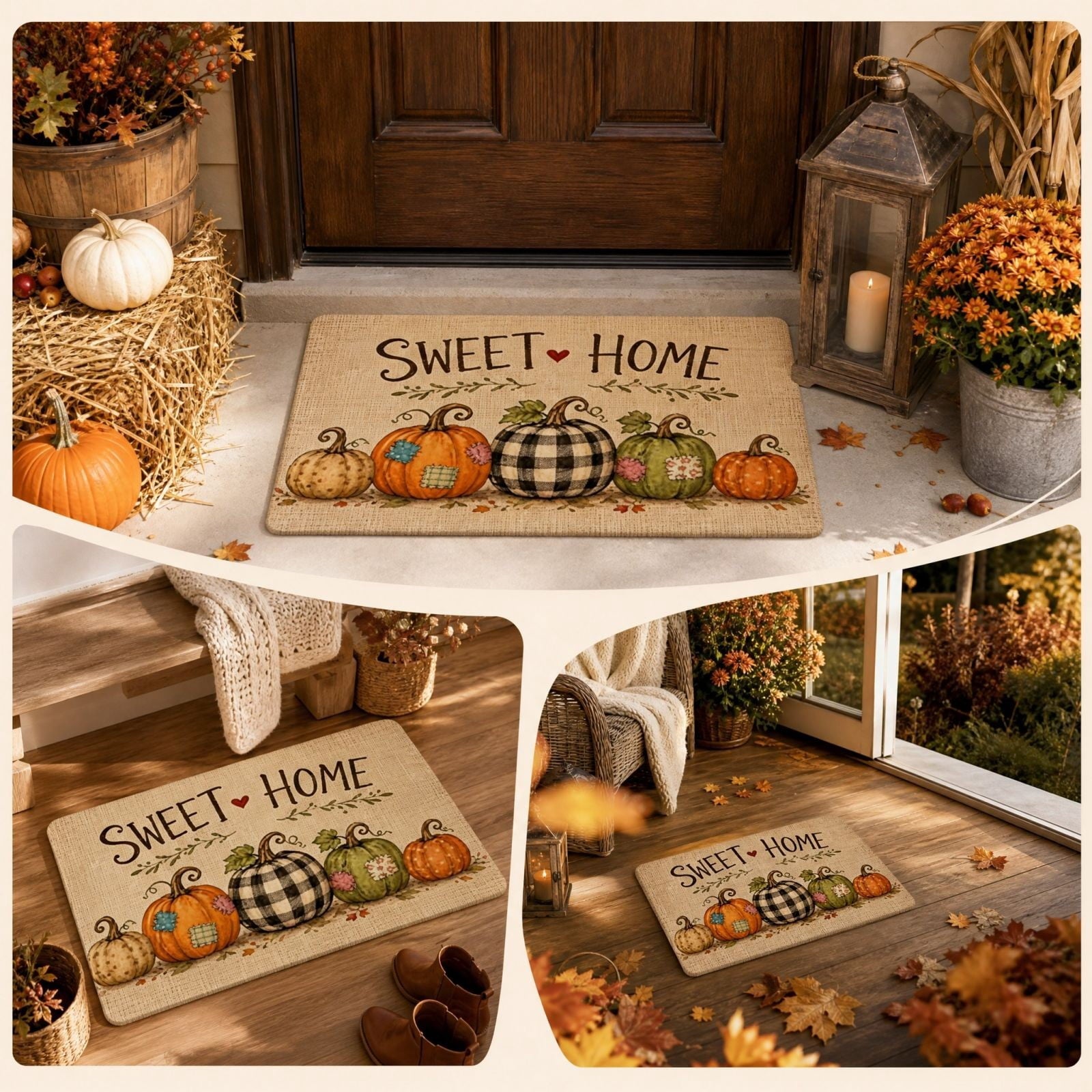 syligr Halloween Thanksgiving Doormat with Maple Leaf & Pumpkin Patterns - Non-Slip Floor Mat for Entryway, Kitchen, Porch, Fall Harvest Decor Rug with Anti-Fatigue Backing, Gift for Thanksgiving