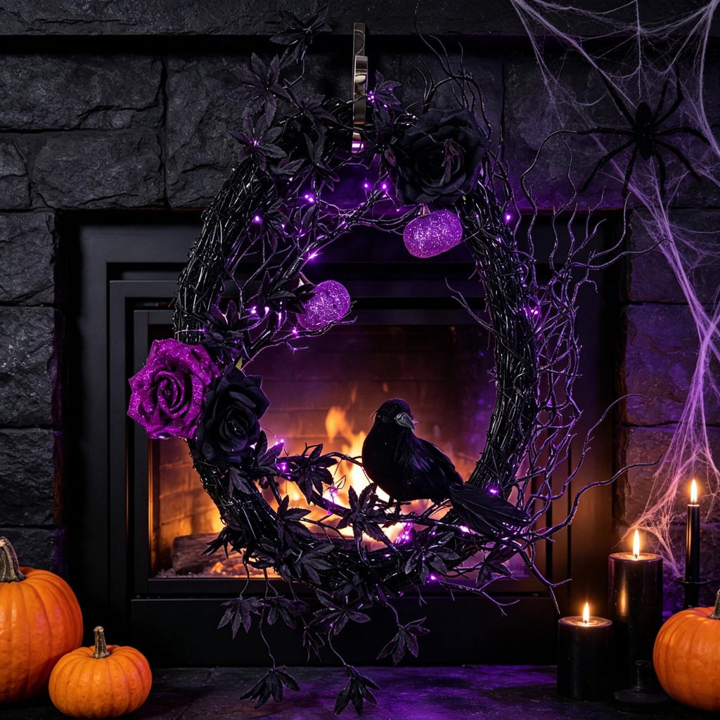 Gcvizuso Halloween Crescent Floral Wreath, Orange Red Rose Hydrangea Fall Front Door Decor for Autumn Harvest Celebration
