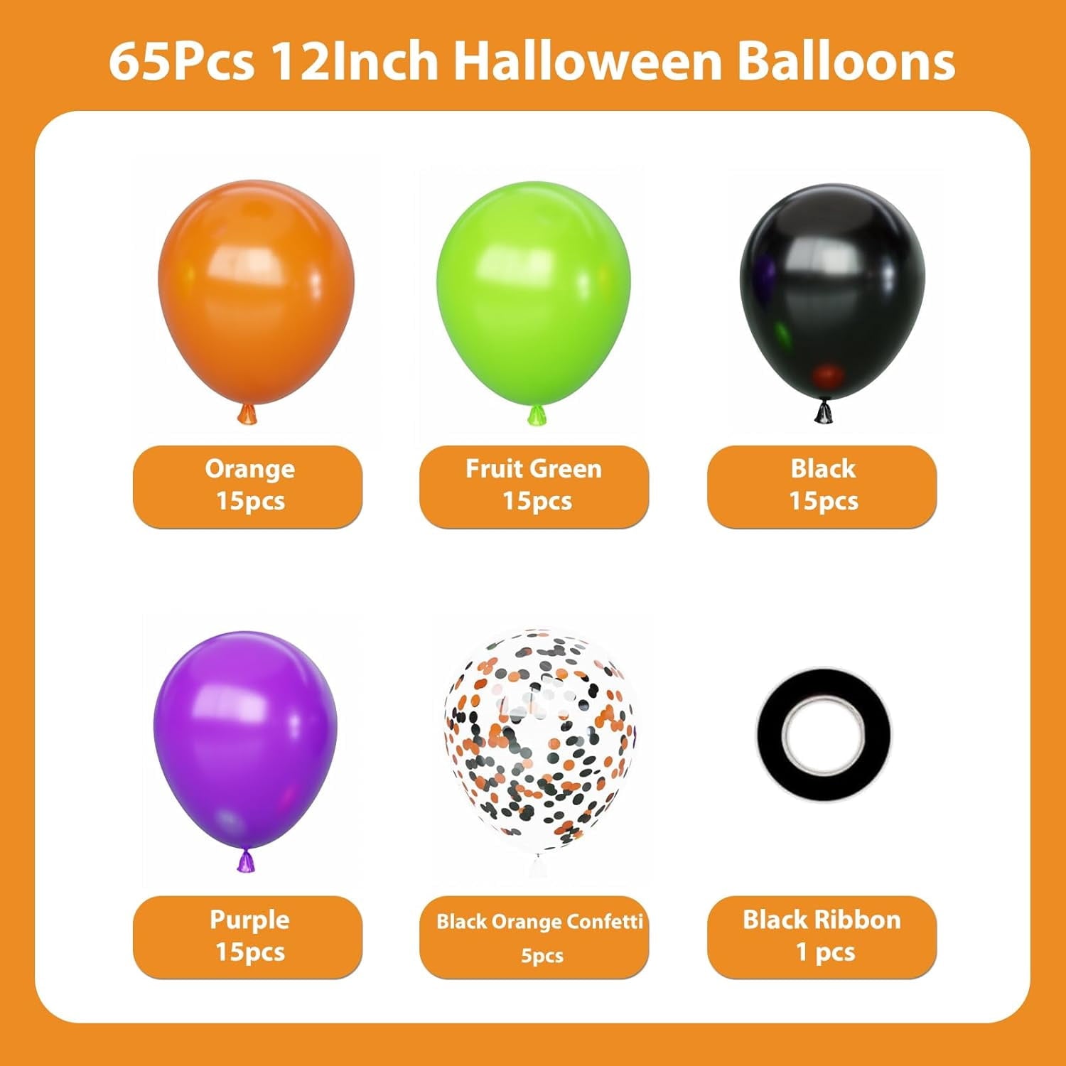 Halloween Balloons Set, 65Pcs 12Inch Black Orange Purple Green Balloons Kit, Black and Orange Latex Balloons for Birthday Wedding Halloween Party Decorations