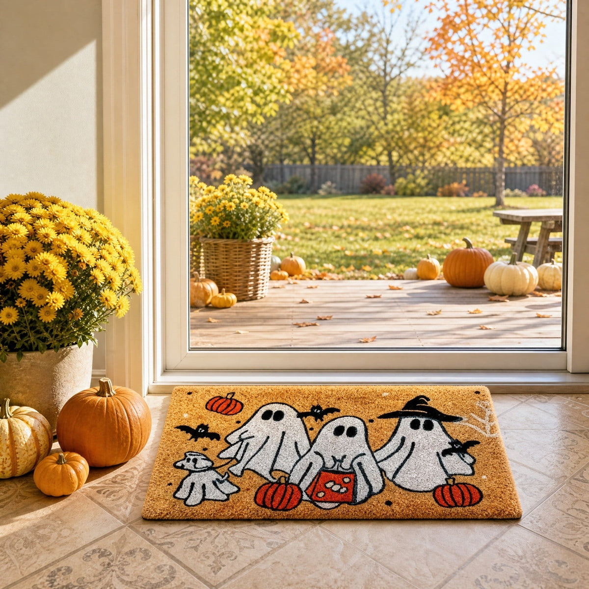 Lypsnake Patchwork Ghost Shaped Doormat,Vintage Stitched Fluffy Fabric Ghost Mat, Halloween Floor Carpet for Front Door Entrance Shower Room Fireplace Farmhouse Layout