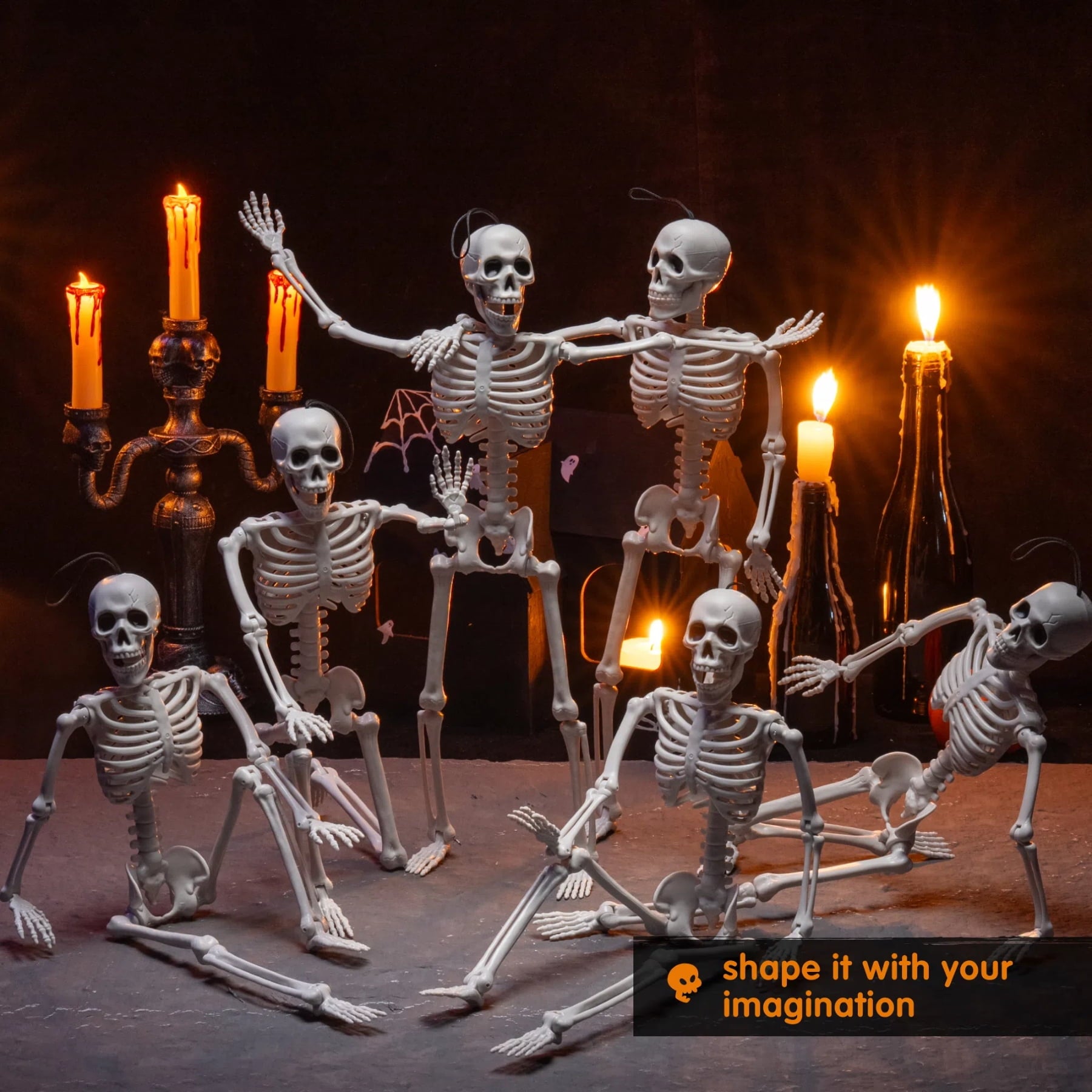 Joyfy 5 Pcs Halloween Skeleton Decorations,16 inch Full Body Poseable Skeleton with Movable Joints for Halloween Indoor Outdoor Party,Graveyard,Haunted House Accessories,White