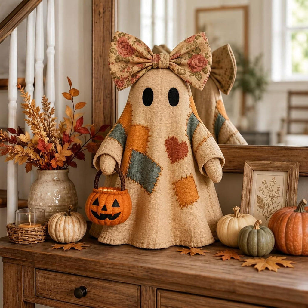 Lighted Vintage Patchwork Ghost, Light Up Ghost with Pumpkin Lantern Halloween Decor, Vintage Halloween Patchwork Ghosts Lamp, for Mantel Shelf Entryway Porch