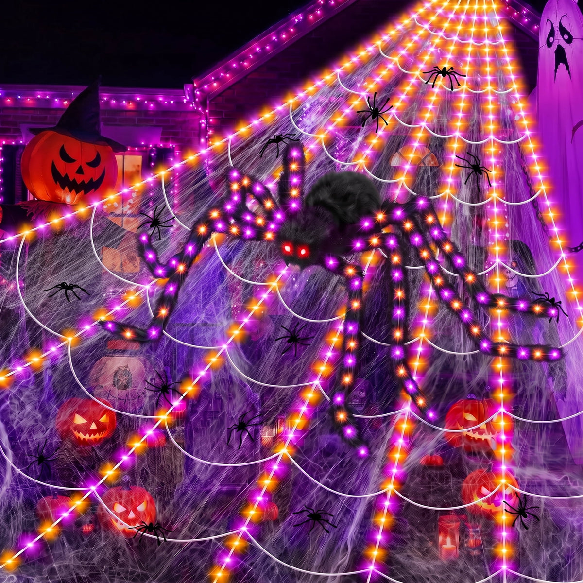 Leyaron Halloween Decorations Outdoor, 350 LED Halloween Spider Web String Lights with 79" Lighted Spider for Outdoor Garden Party Yard Porch Home Decor