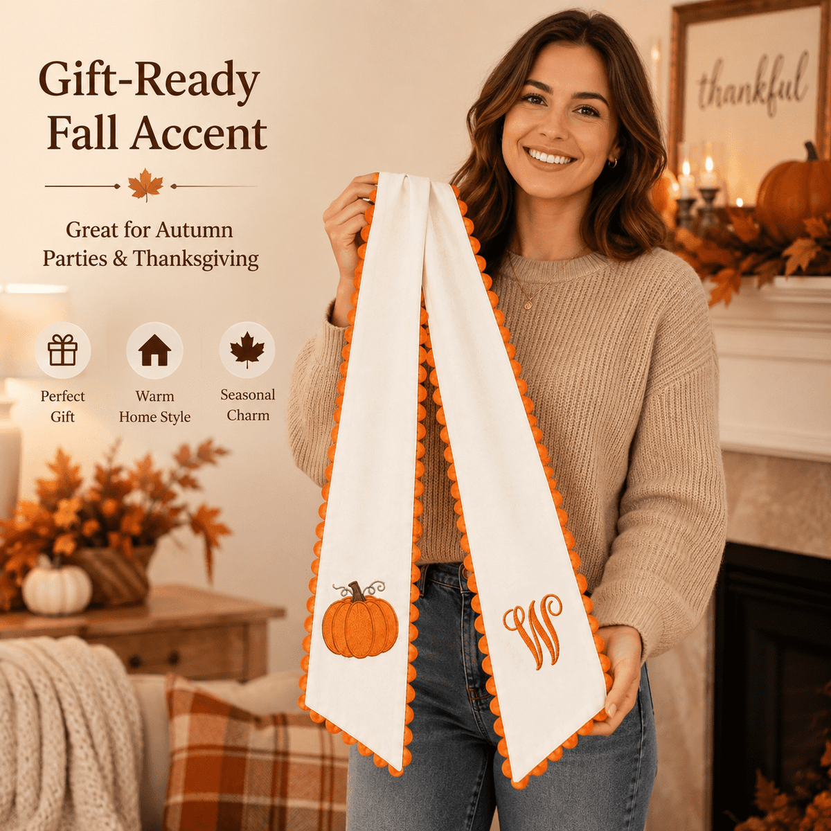 Pumpkin Embroidered Wreath Sash, 50 x 5 inch Orange Scalloped Lettered Ribbon for Halloween, Thanksgiving, Front Door, Seasonal Garland and Fall Home Decor, I