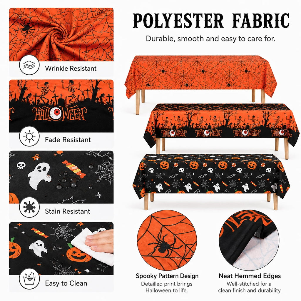 Halloween Tablecloth Decorations Halloween Party Supplies Plastic Disposable Rectangle Tablecovers Skeletons Ghosts Pumpkin Table Décor 3Pcs Design 2