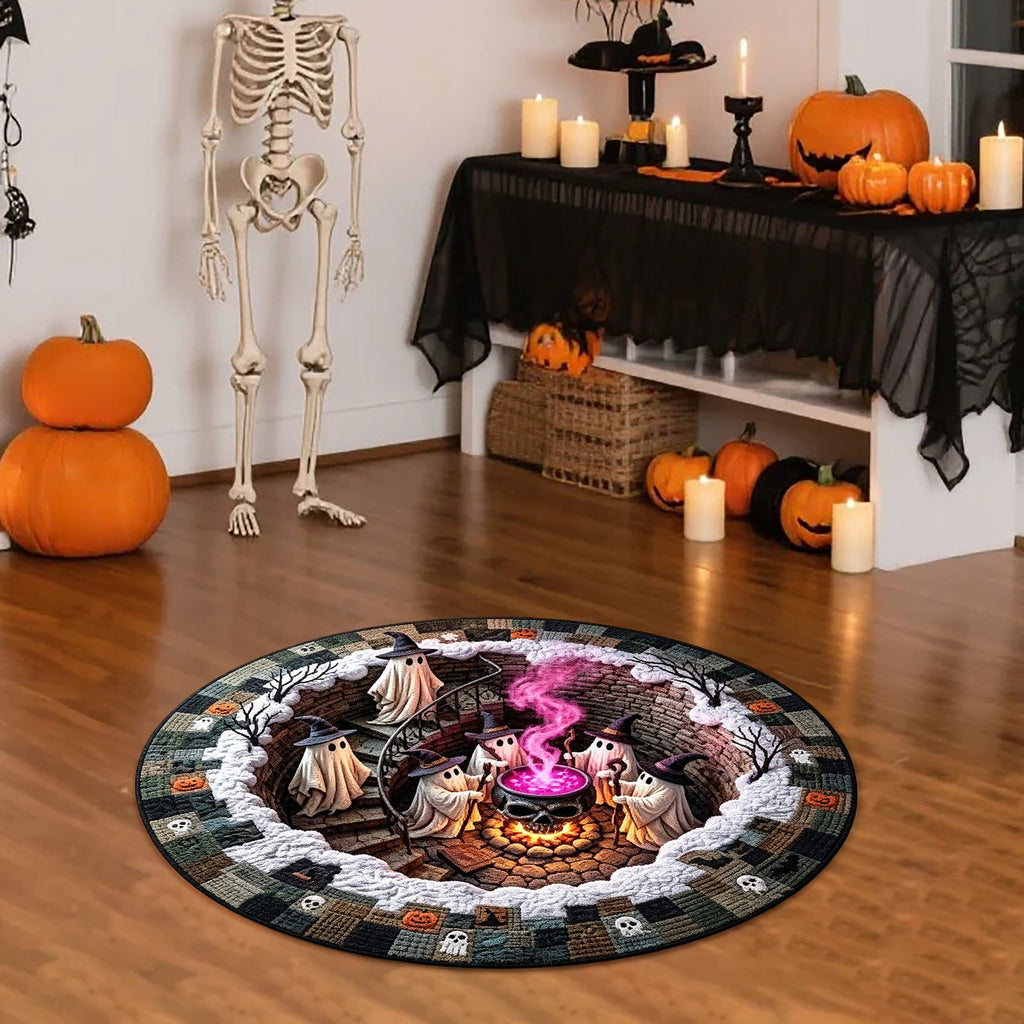 Halloween Round Rug 50cm Optical Illusion, Spooky Ghost Pumpkin Skull Mat, Non-Slip Entryway Bedroom Doormat for Home Party Floor Decor