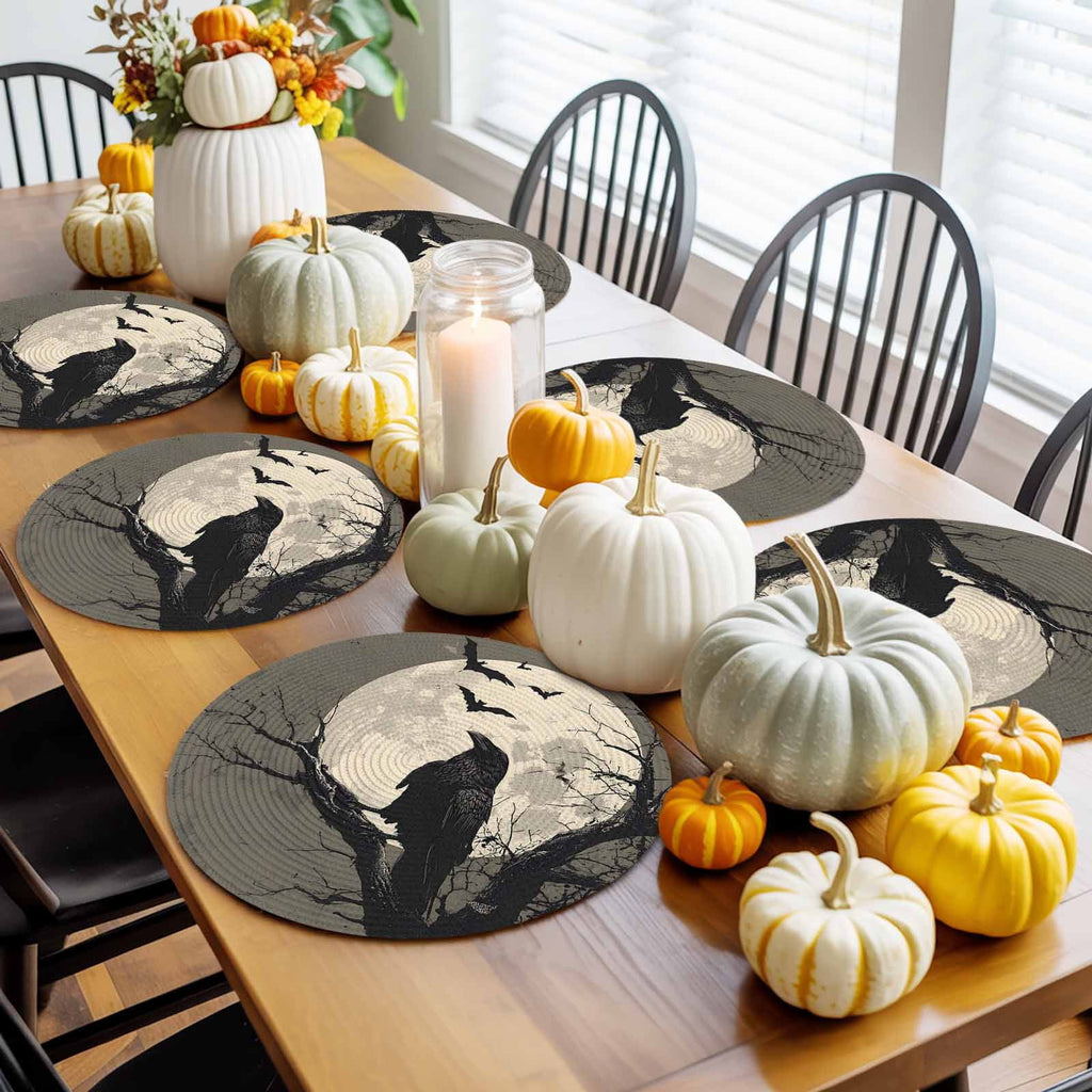 Halloween Round Placemats Set of 4 Black Crow Bats Place Mats Washable Woven Placemat Horror Moon Tree Branch Circle Braided Table Mat for Kitchen Dining Table Holiday Party Home Decor 15 Inch