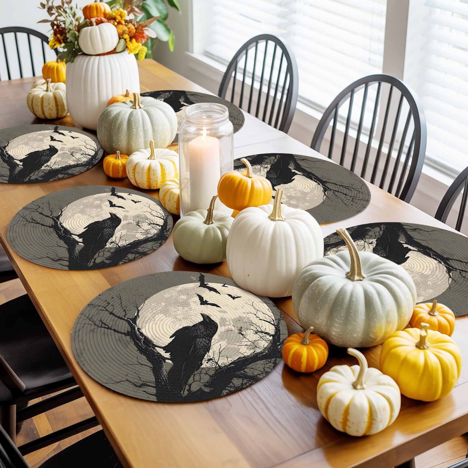 Halloween Round Placemats Set of 4 Black Crow Bats Place Mats Washable Woven Placemat Horror Moon Tree Branch Circle Braided Table Mat for Kitchen Dining Table Holiday Party Home Decor 15 Inch