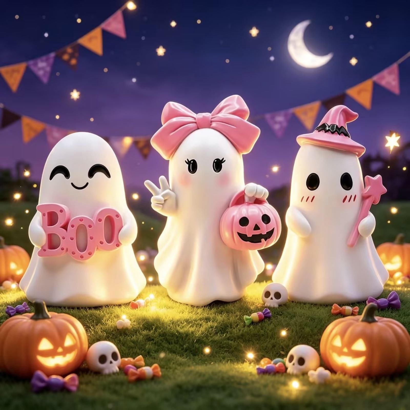 Pink Halloween Decor Ghost Candy Bowl Figurine with Bow and Scalloped Holder for Indoor Tabletop Decor and Party Favor Display