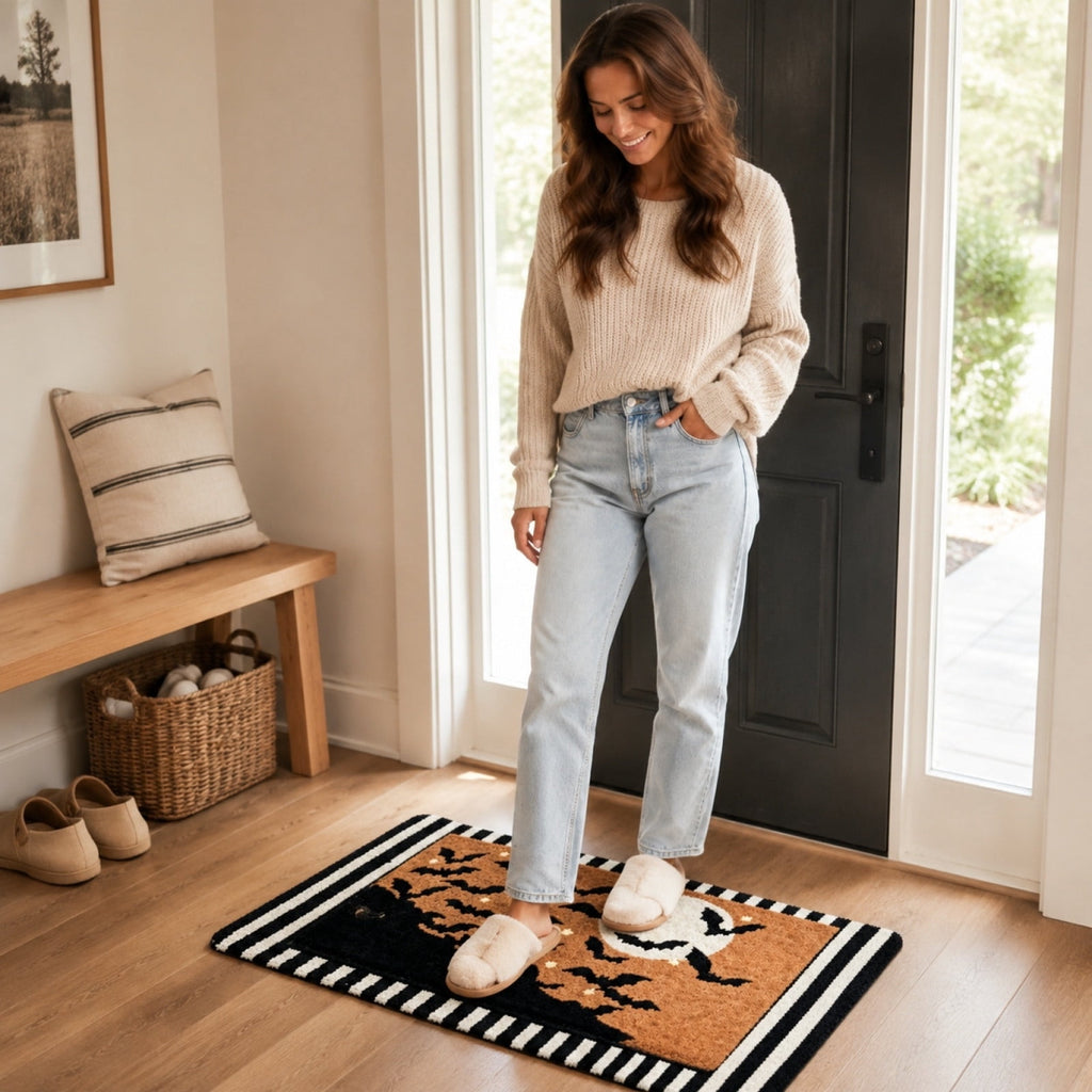 Halloween Welcome Doormat, Striped Border Bat Pattern Floor Rug, Soft Absorbent Non-Slip Carpet for Indoor Outdoor Front Door