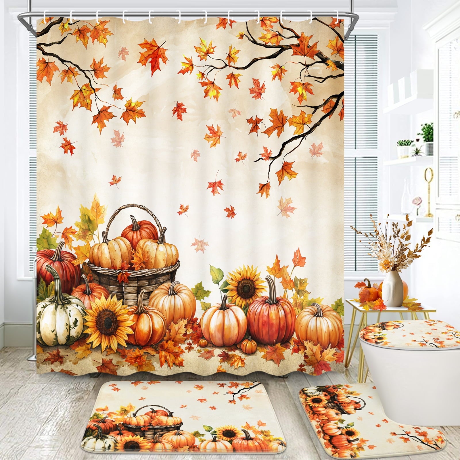 FRAMICS 16-Piece Fall Shower Curtain Sets with Rugs, Maple Leaves Pumpkin Bathroom Sets, Waterproof Fabric Bathroom Curtain Decor with Hooks
