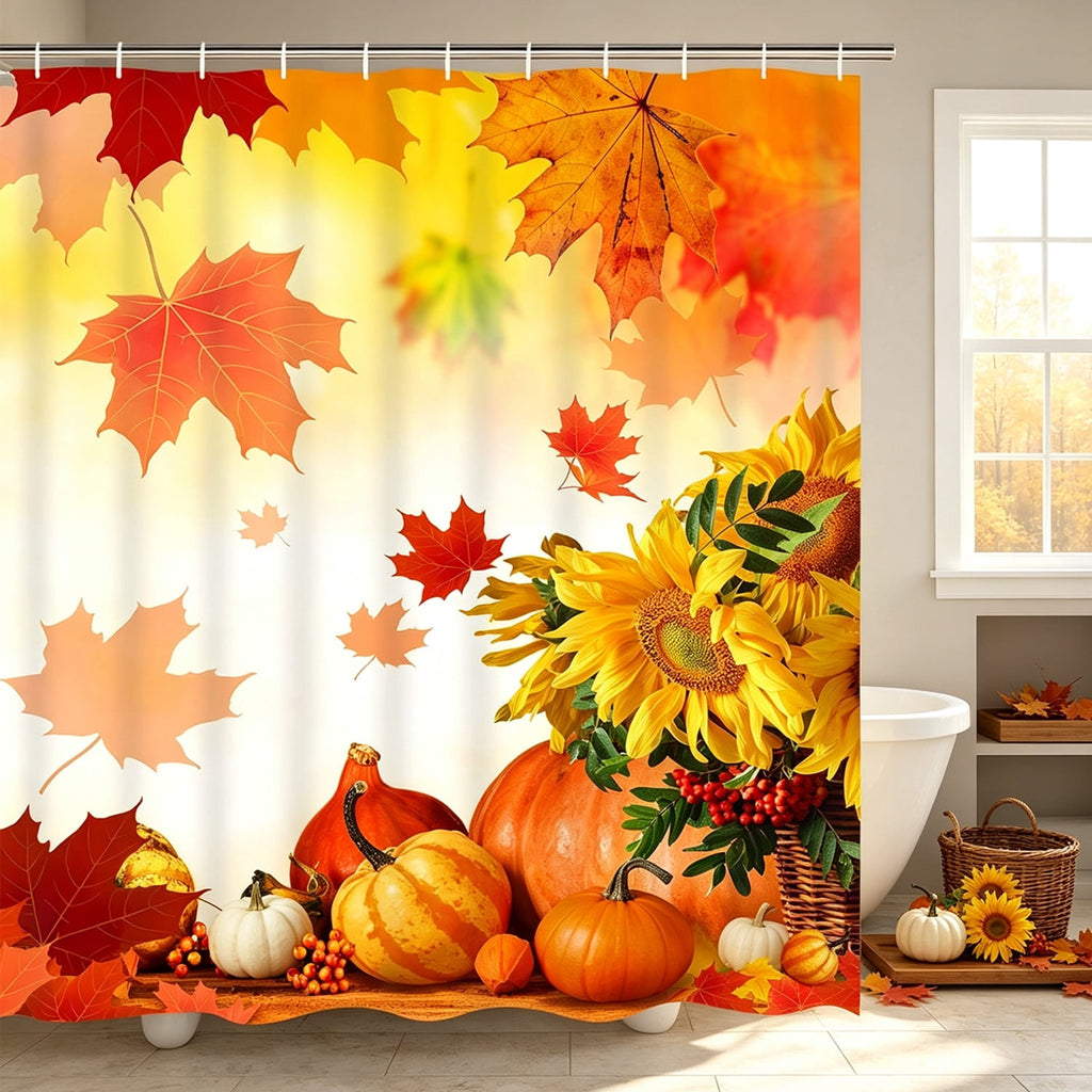 FRAMICS 16-Piece Fall Shower Curtain Sets with Rugs, Maple Leaves Pumpkin Bathroom Sets, Waterproof Fabric Bathroom Curtain Decor with Hooks