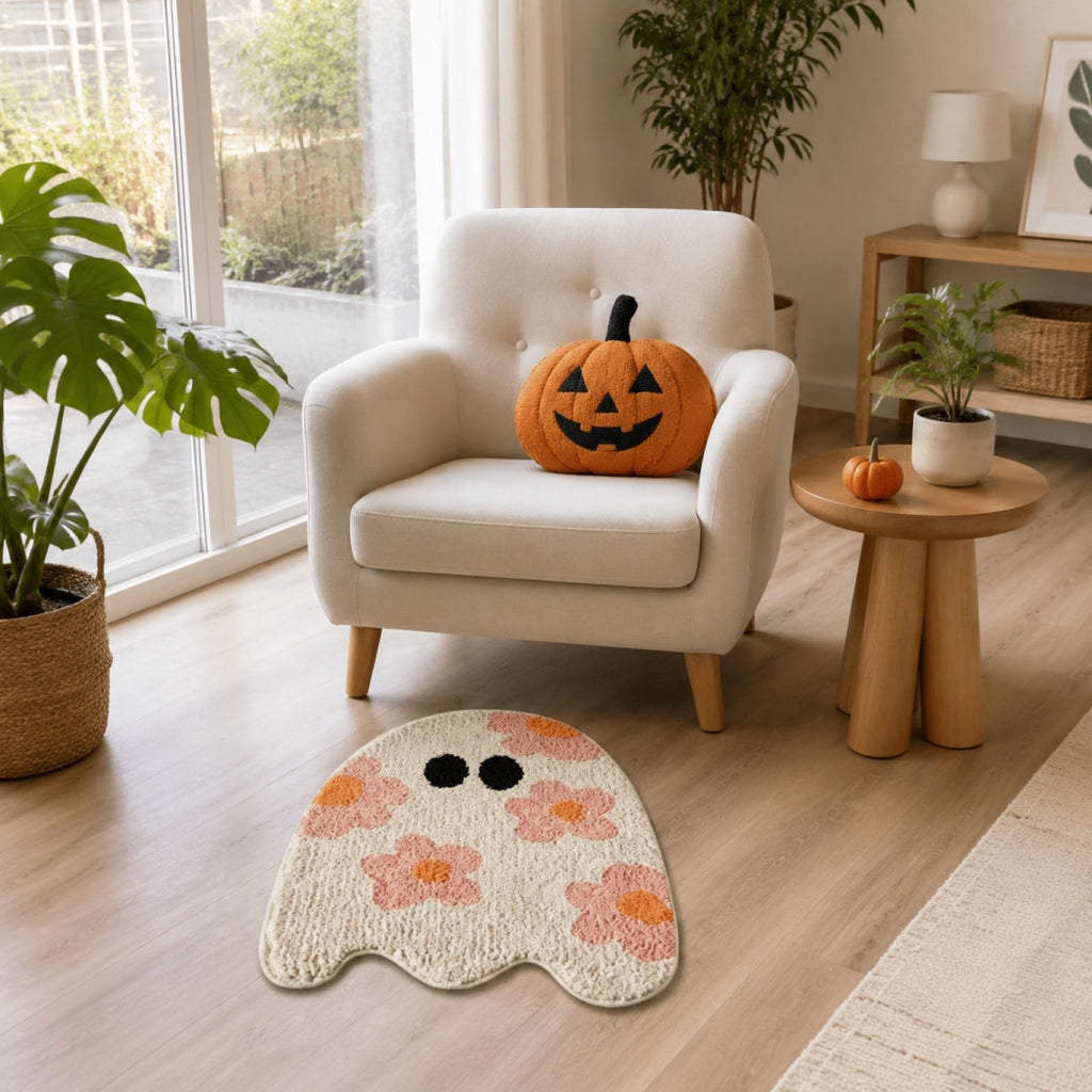 Pinks Ghost Doormat with Floral Patterns Irregular Halloween Cute Rug Non Slipes for Front Porch Indoor Outdoor