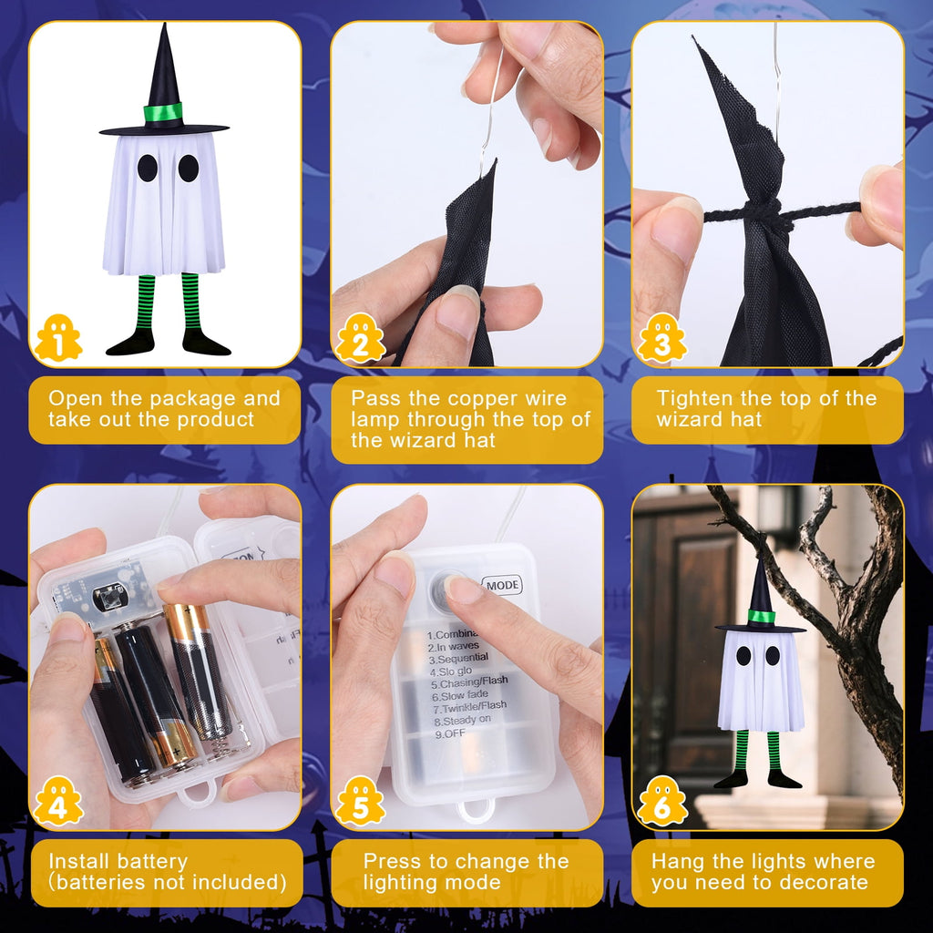 Qoosea 3 Pack Halloween LED Lights Witch Hat Ghost Hangers, Purple/Green/Orange, 3 Lighting Modes, Waterproof Battery Case, Halloween Decorations