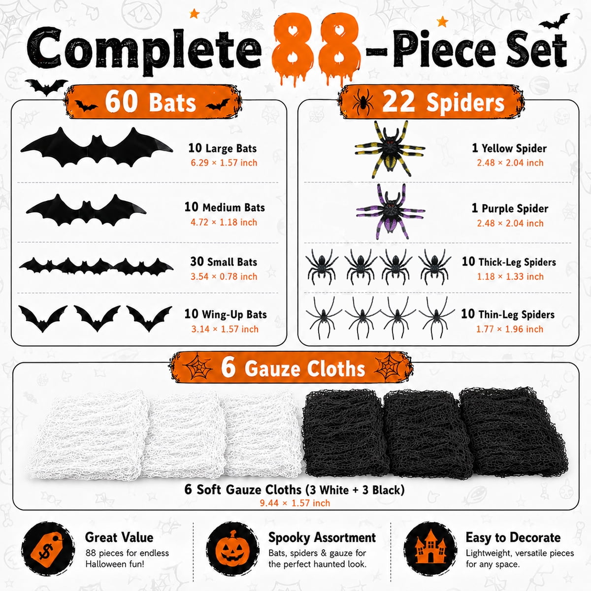 Halloween Creepy Cloth Halloween Gauz Scary Decoration with Bats Spiders Fabric Hanging Spooky Stuff for Indoor Outdoor Home Wall Haunted House Party Supplies 88Pcs Set 1