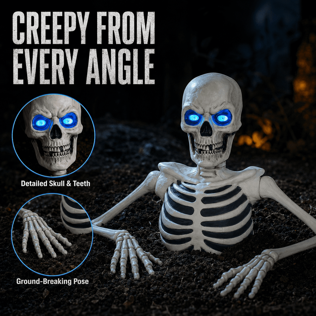 Ground Breaking Skeleton with LCD Glowing Eyes, Animated Halloween Prop Decoration, Spooky Yard Ornament for Lawn, Garden, Haunted House & Holiday Display, White