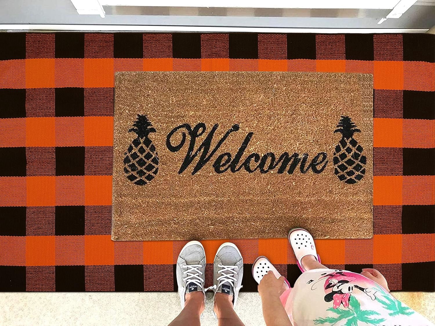 HearthHarmony Buffalo Plaid Area Rugs 2x3 Ft Brown and Black Checkered Rugs Washable Front Door Mat Hand Woven Cotton Outdoor Small Rug for Front Porch Kitchen Entryway Patio Bathroom