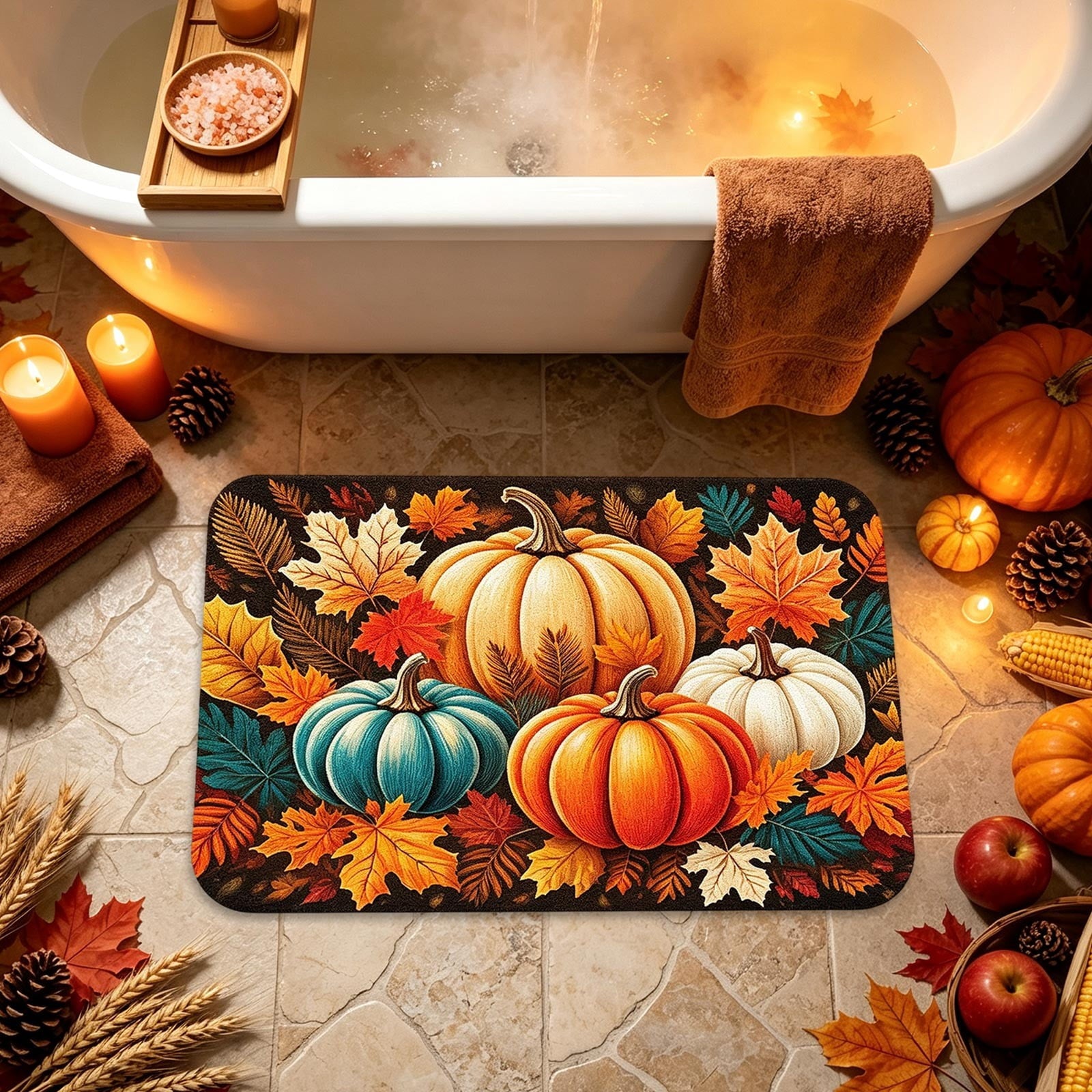 syligr Halloween Thanksgiving Doormat with Maple Leaf & Pumpkin Patterns - Non-Slip Floor Mat for Entryway, Kitchen, Porch, Fall Harvest Decor Rug with Anti-Fatigue Backing, Gift for Thanksgiving