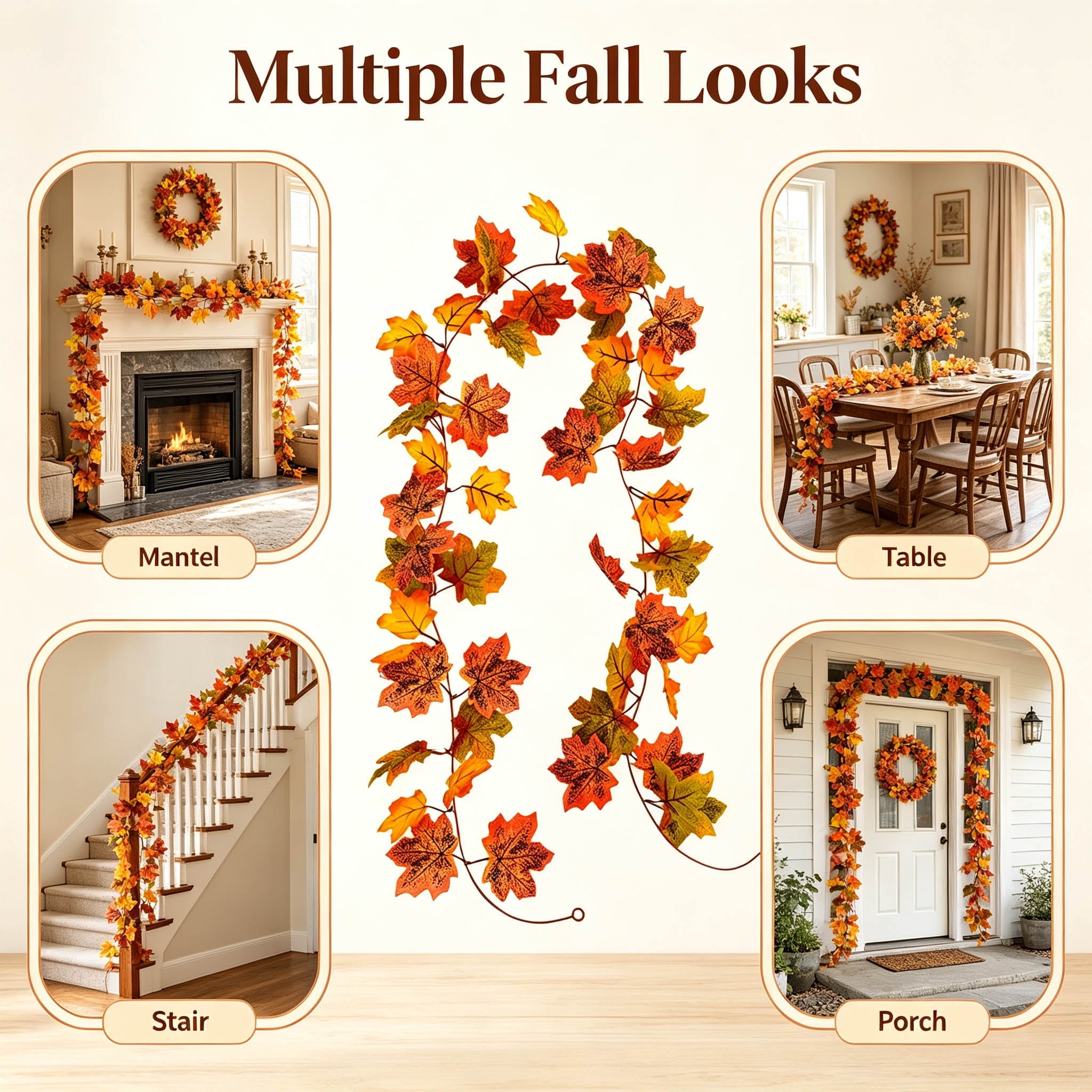WKSCLPAI Halloween Maple Leaf Garland, Fall Vine Wreaths for Autumn Festivities Decor,Seasonal Garlands for Home,Halloween & Fall Decorations