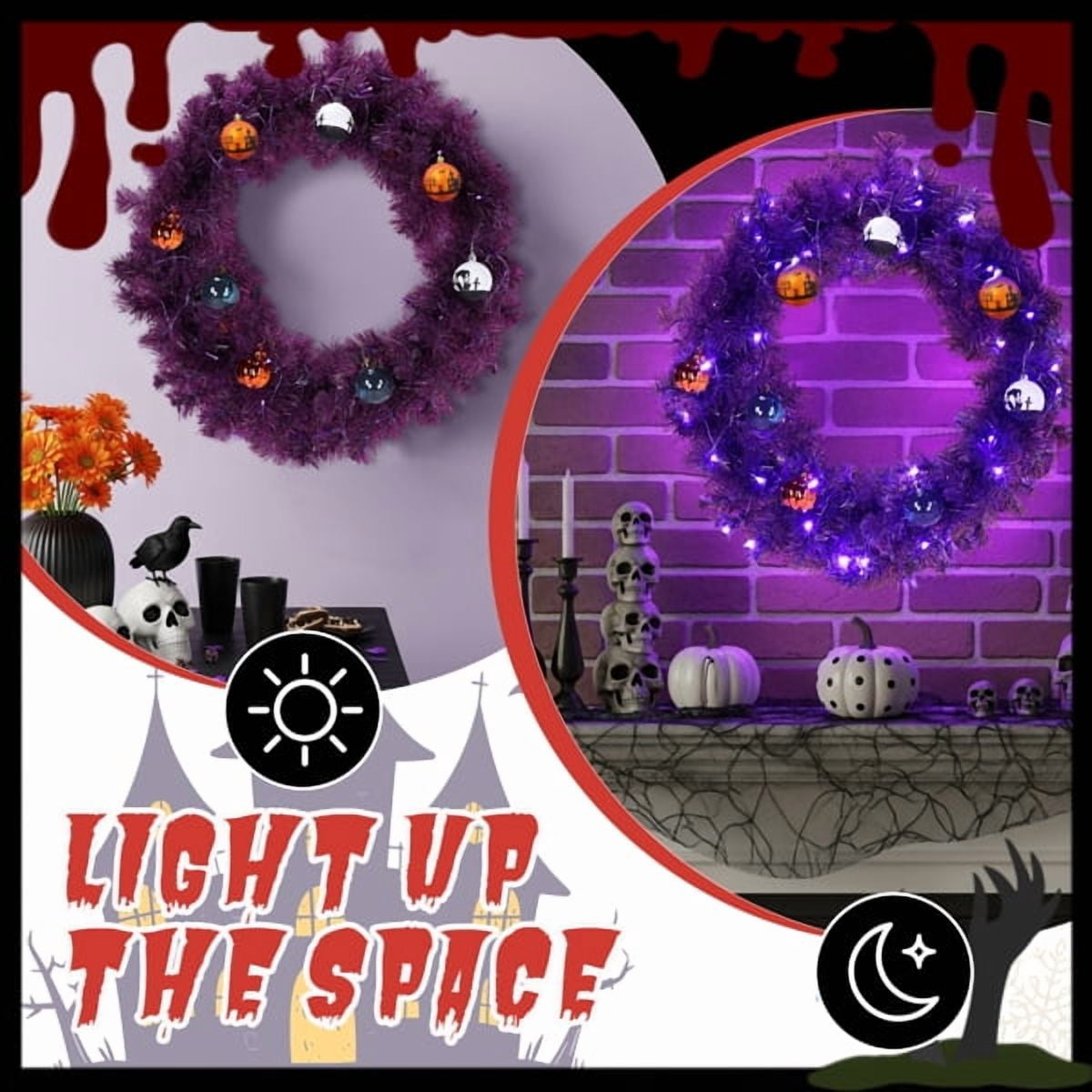 Alvantor 24 in Pre-Lit Halloween Wreath with 50 Purple and Orange LED Lights, 100 PVC Tips, DIY Ball Ornaments, Battery Powered, Purple