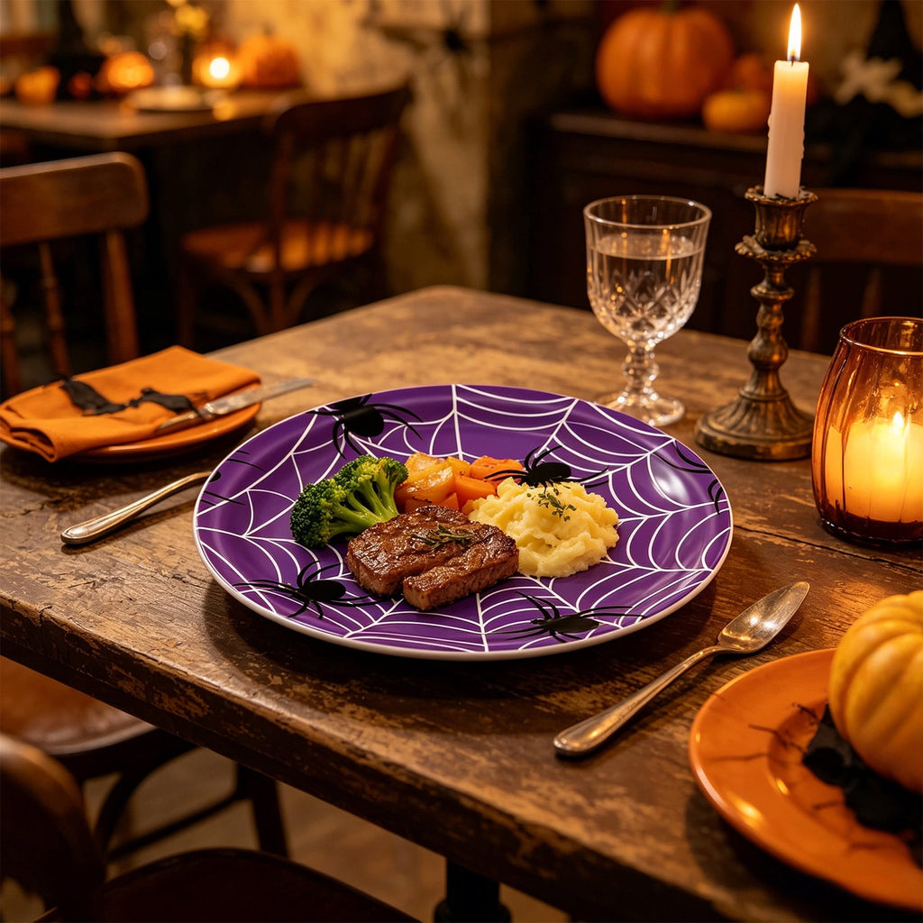 24 Pack Halloween Disposable Tableware Set, Spider and Cobweb Pattern Paper Plates, Halloween Party Supplies Favors