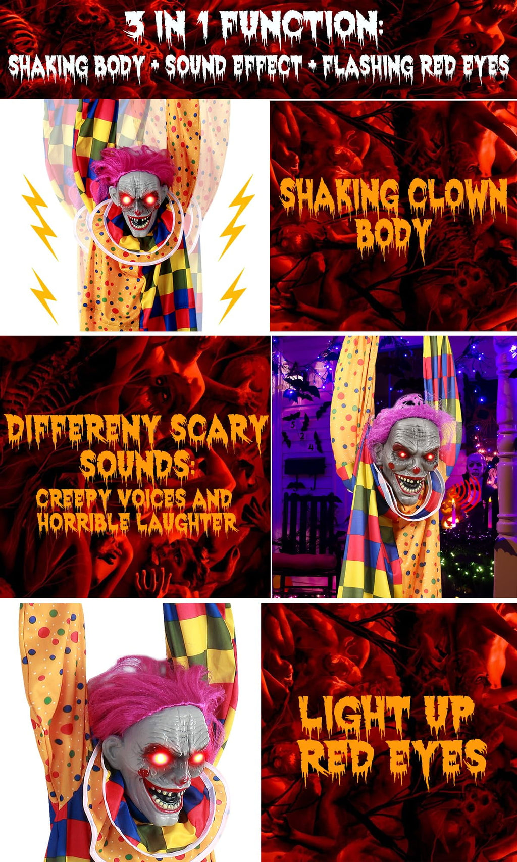 5.6 Ft Halloween Hanging Animated Talking Shaking Scary Clown with Chain Light Up Red Eyes Sound Touch Activated