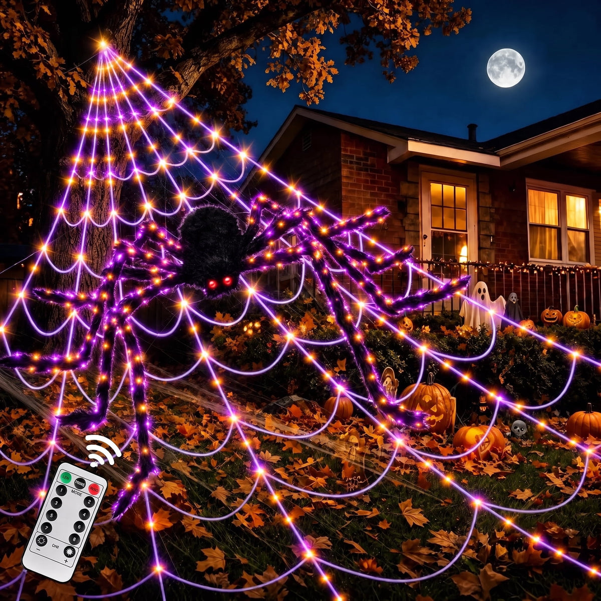 Leyaron Halloween Decorations Outdoor, 350 LED Halloween Spider Web String Lights with 79" Lighted Spider for Outdoor Garden Party Yard Porch Home Decor