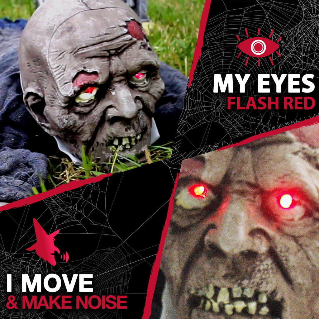 Haunted Hill Farm 5.1 ft Animatronic Zombie, Indoor/Outdoor Halloween Decoration, Flashing Red Eyes, HHGBZOMB-2LSA