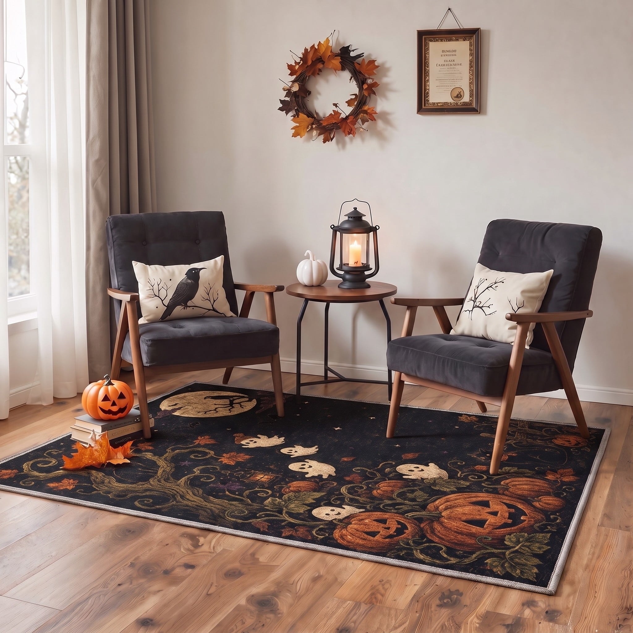 GENIMO 5'x7' Halloween Area Rug for Living Room, Washable Non Slip Soft Farmhouse Pumpkin Indoor Rug for Bedroom Dining Room Home Office, Vintage Sepia