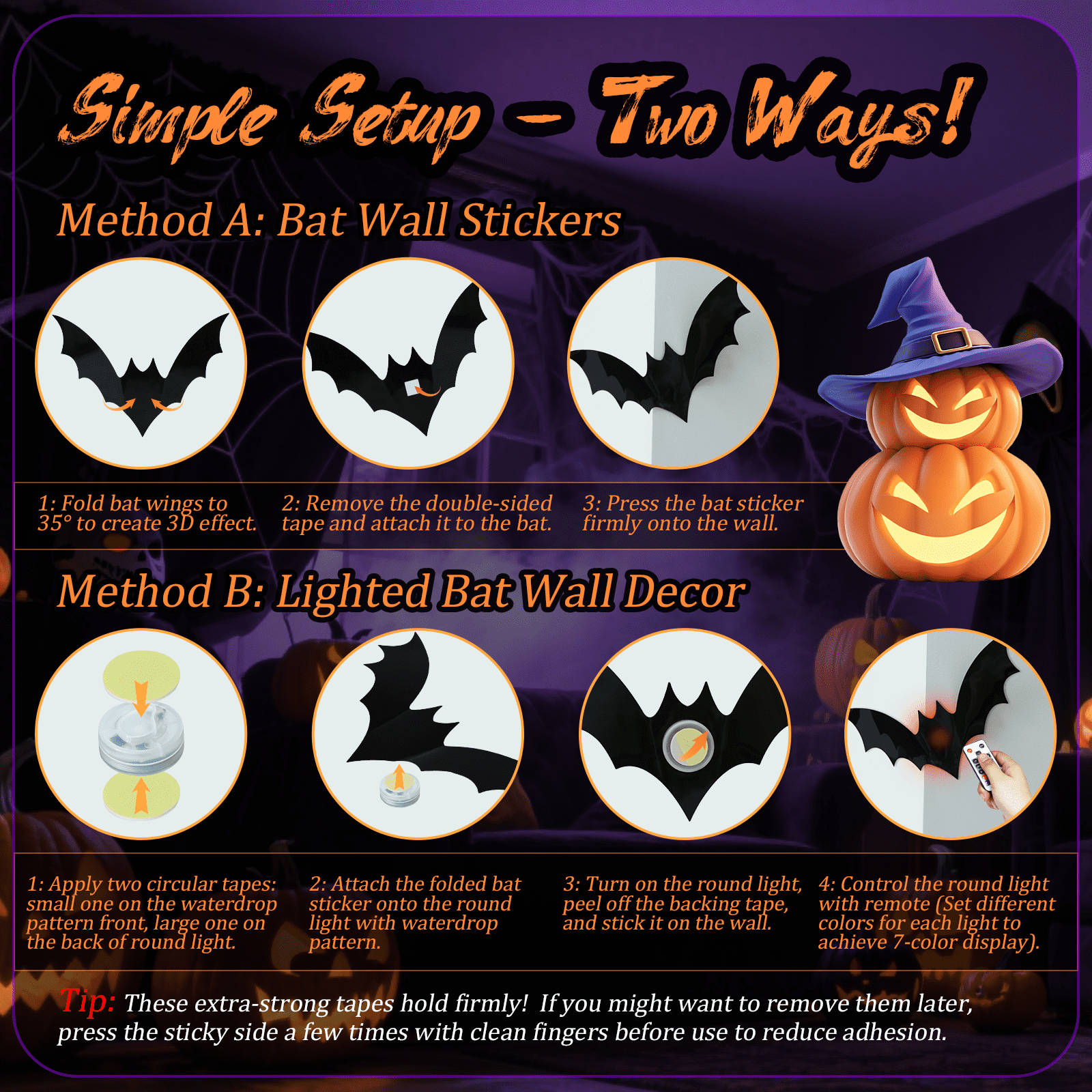 PChero 48Pcs Halloween Bats Wall Decor with 12 Color Changing Lights, 3D Light up Bats with Remote Timer, 10 Different Size PET LED Bat Wall Stickers for Bedroom Window Spooky Decor Home Decals