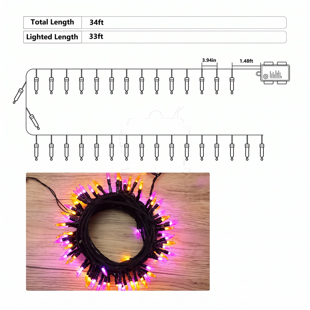 TETOU Halloween Lights, 33ft 100 LED Battery Halloween Lights, 8 Modes String Lights with Timer, Indoor Outdoor Waterproof mini Lights String for Halloween Bedroom Patio Decor - Orange & Purple