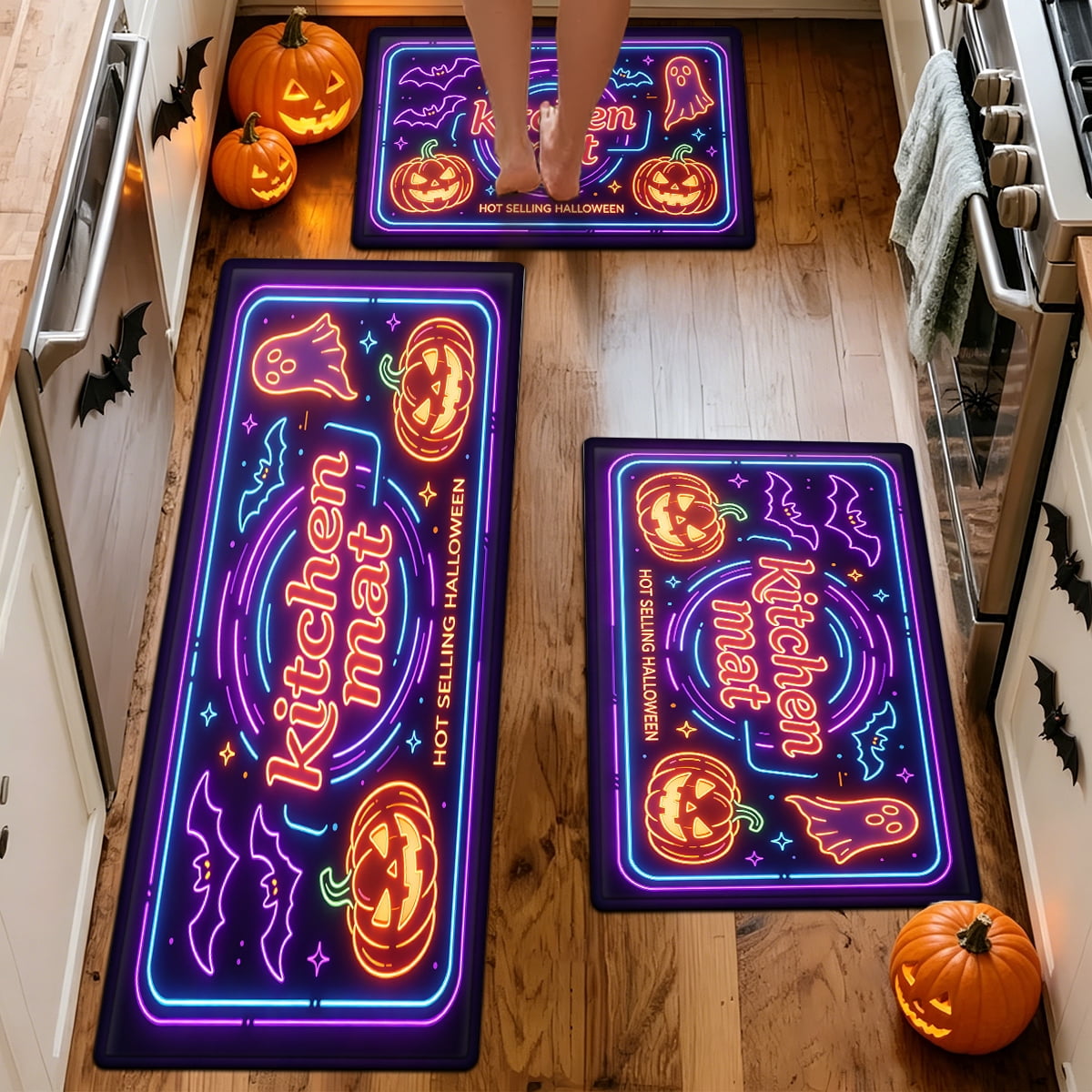 YIMEIS Halloween Neon Pumpkin Lanterns 3Pcs Flannel Mat & Kitchen Rugs Set,Soft Non-slip,16''×24'' 20''×30'' 17''×47'' Inches,for Entryway Bathroom