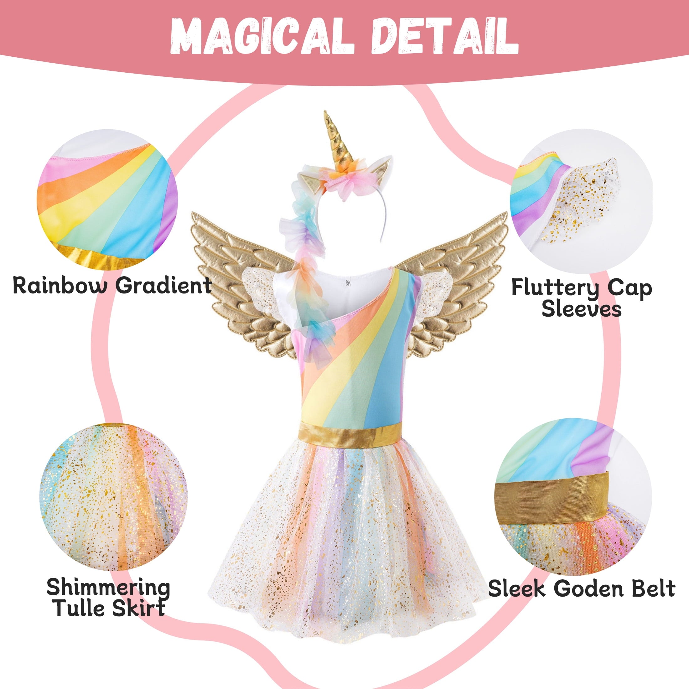 CZKHPTY Girls Rainbow Unicorn Tutu Costume Set with Headband & Wings, Kids Princess Dress Up Outfit, Sizes 9-10Y