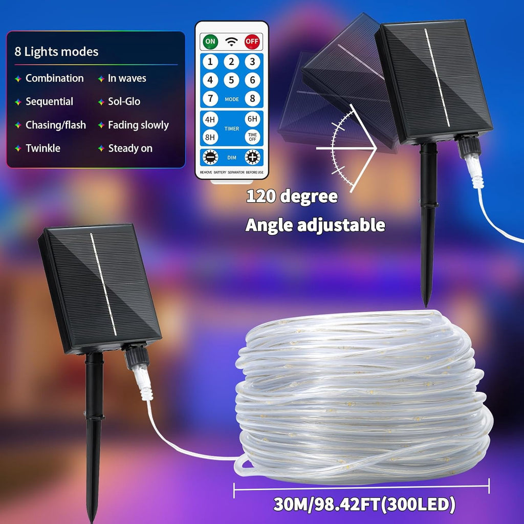 Solar Rope Lights Outdoor Waterproof 100LED Tube String Lights with USB Rechargeable Timer 8 Modes Dimmable Twinkle Fairy String Light for Trampoline Yard Pool Party Wedding Christmas