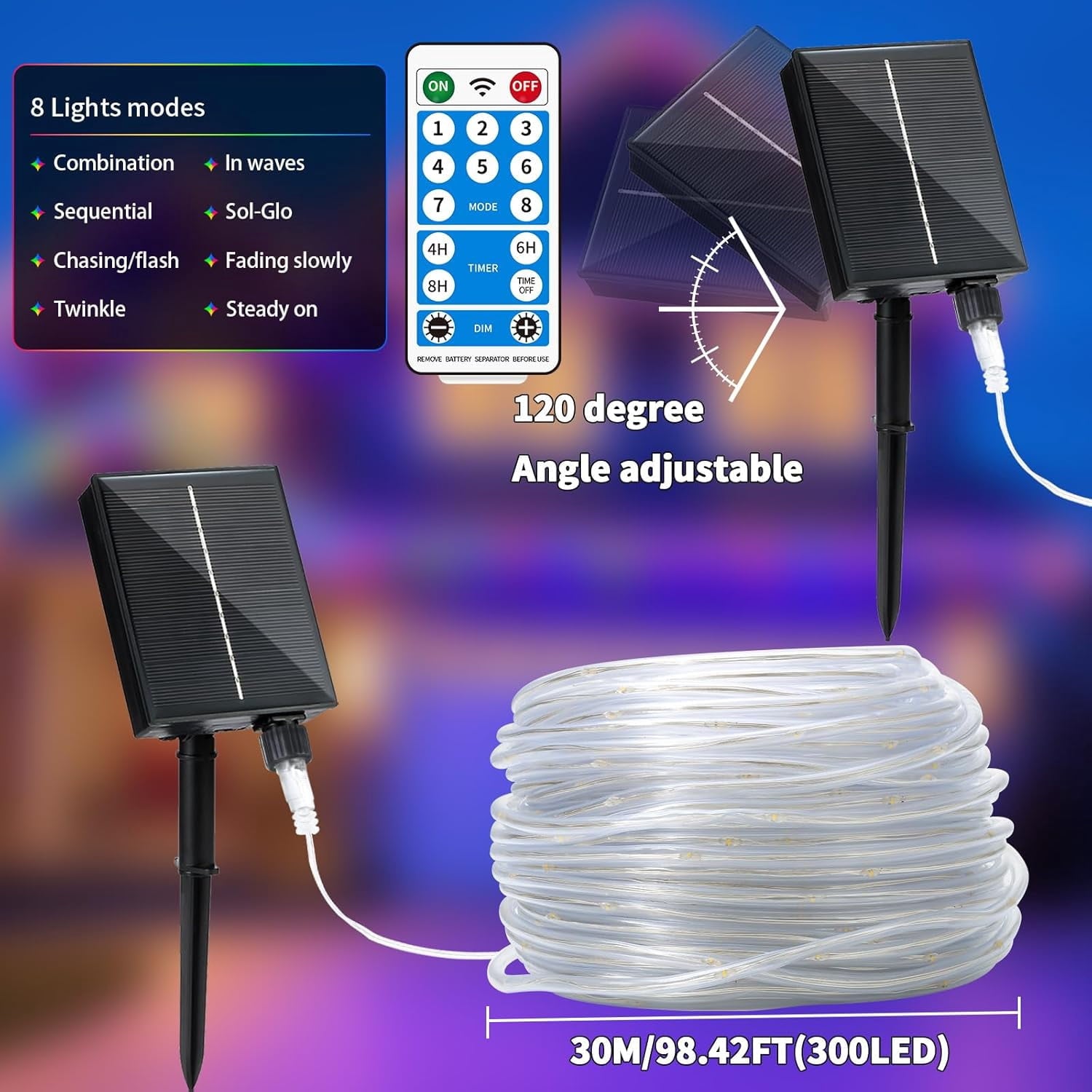 Solar Rope Lights Outdoor Waterproof 100LED Tube String Lights with USB Rechargeable Timer 8 Modes Dimmable Twinkle Fairy String Light for Trampoline Yard Pool Party Wedding Christmas