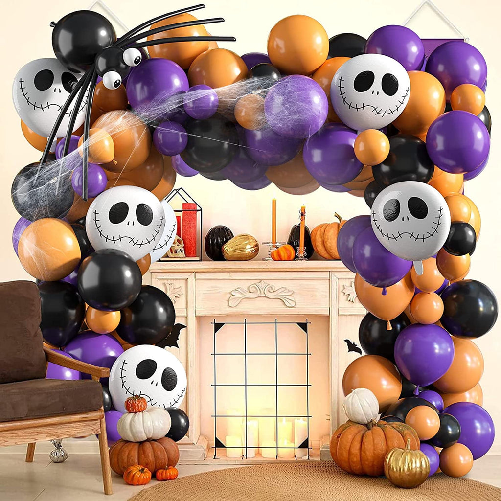 134Pcs Halloween Balloons Garland Kit, Black Orange Balloons Spider Balloons, Long Balloons, 3D Bat Sticker for Halloween Theme Party Background Classroom Decorations