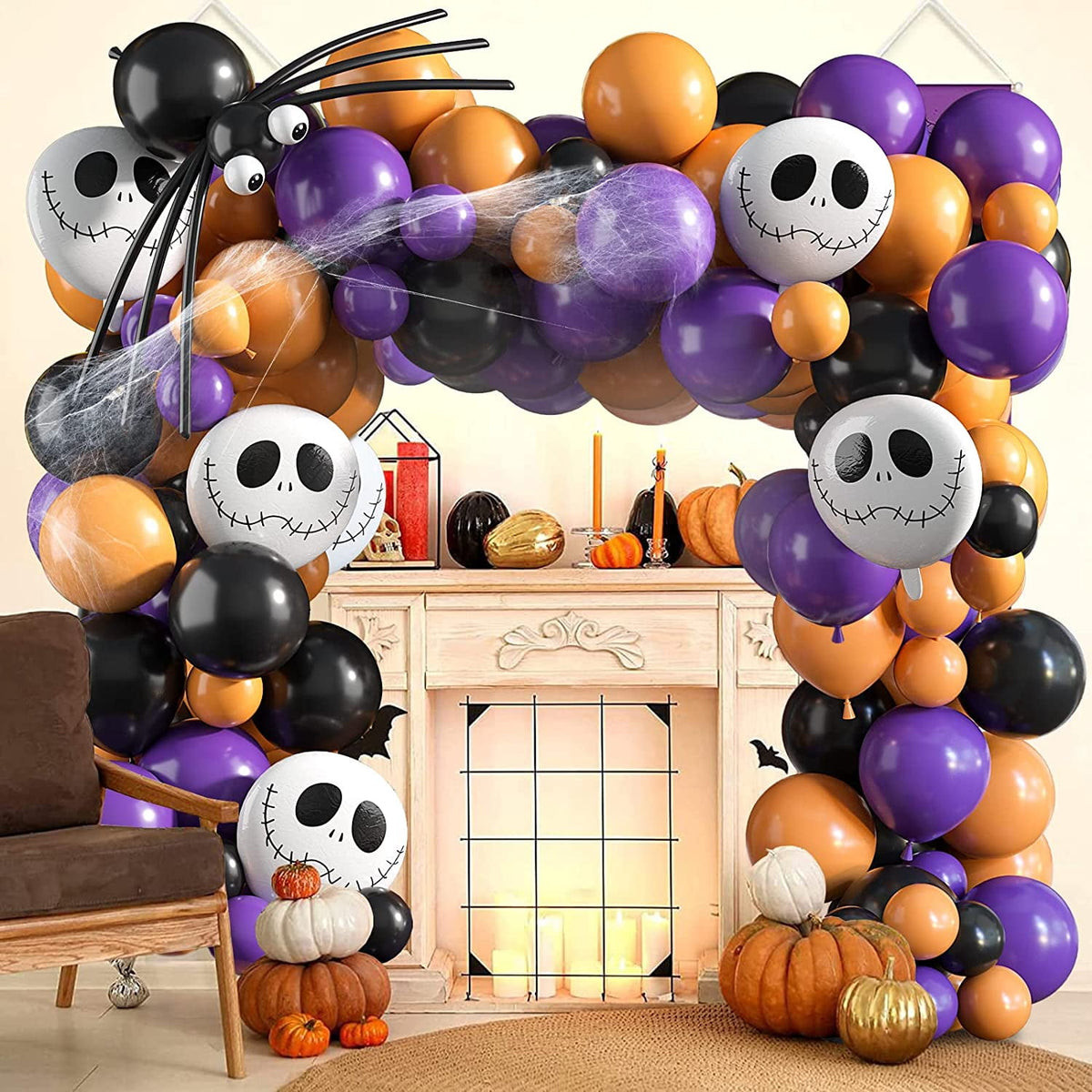 134Pcs Halloween Balloons Garland Kit, Black Orange Balloons Spider Balloons, Long Balloons, 3D Bat Sticker for Halloween Theme Party Background Classroom Decorations