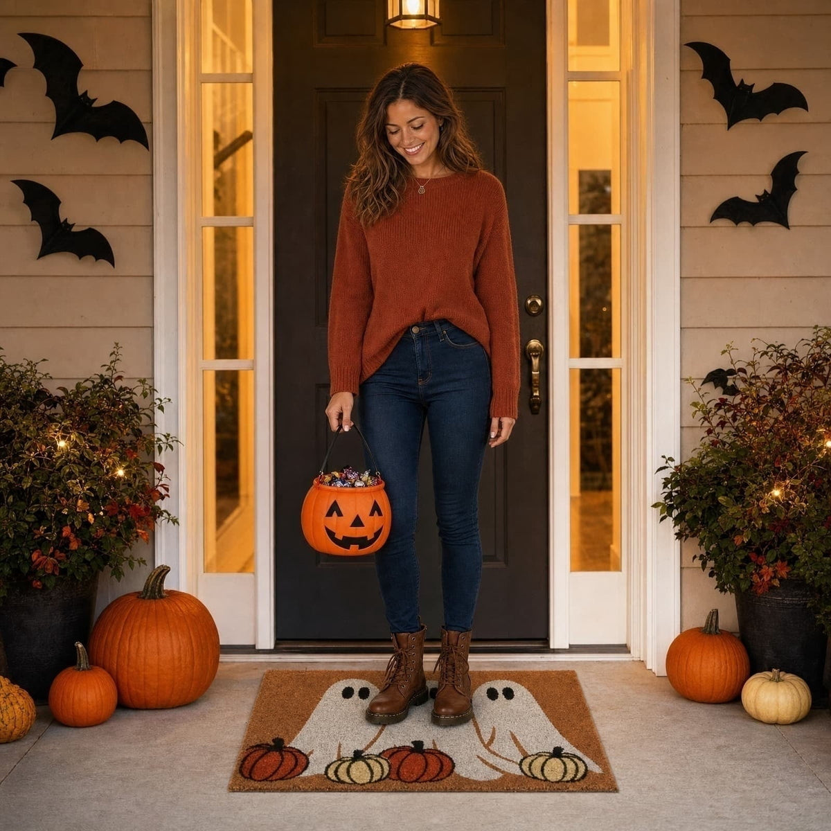 Cute Ghost Family Halloween Doormat, Outdoor Ghost Coir Door Mat Cute Outdoor Indoor Entrance Door Mat Non Slip Rubber Backing for Halloween Front Porch Entryway Decor