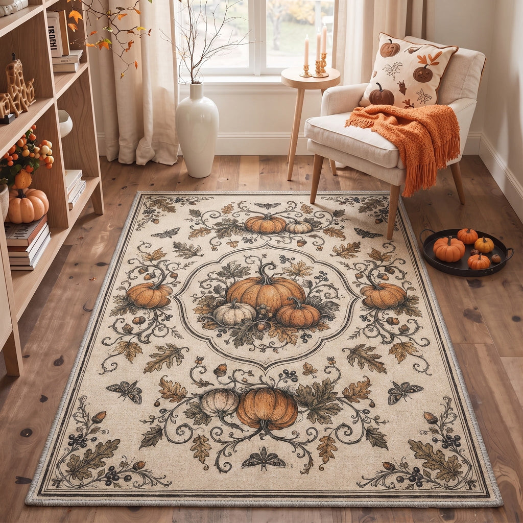 GENIMO 2'x7' Halloween Runner Rug, Washable Non Slip Soft Farmhouse Pumpkin Indoor Outdoor Hallway Runner for Porch Patio Kitchen Entryway, Vintage Sepia