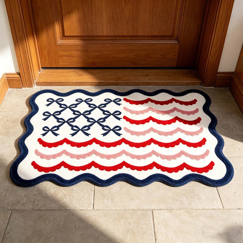 Patriotic Door Mat 4th of July Bow Flag Floor Doormats Independence Day Star Welcome Non Slip Mats for Front Porch Decor 16*24in Black