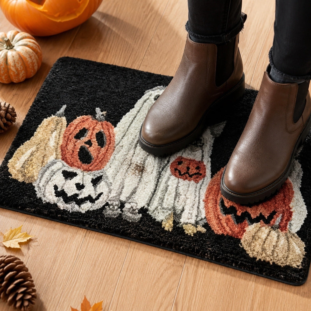 Halloween Ghost Dog Pumpkin Doormat,16x24 Inch Non-slip Black Front Door Rug,Spooky Fall Seasonal Entryway Floor Mat for Farmhouse Porch Holiday Decor