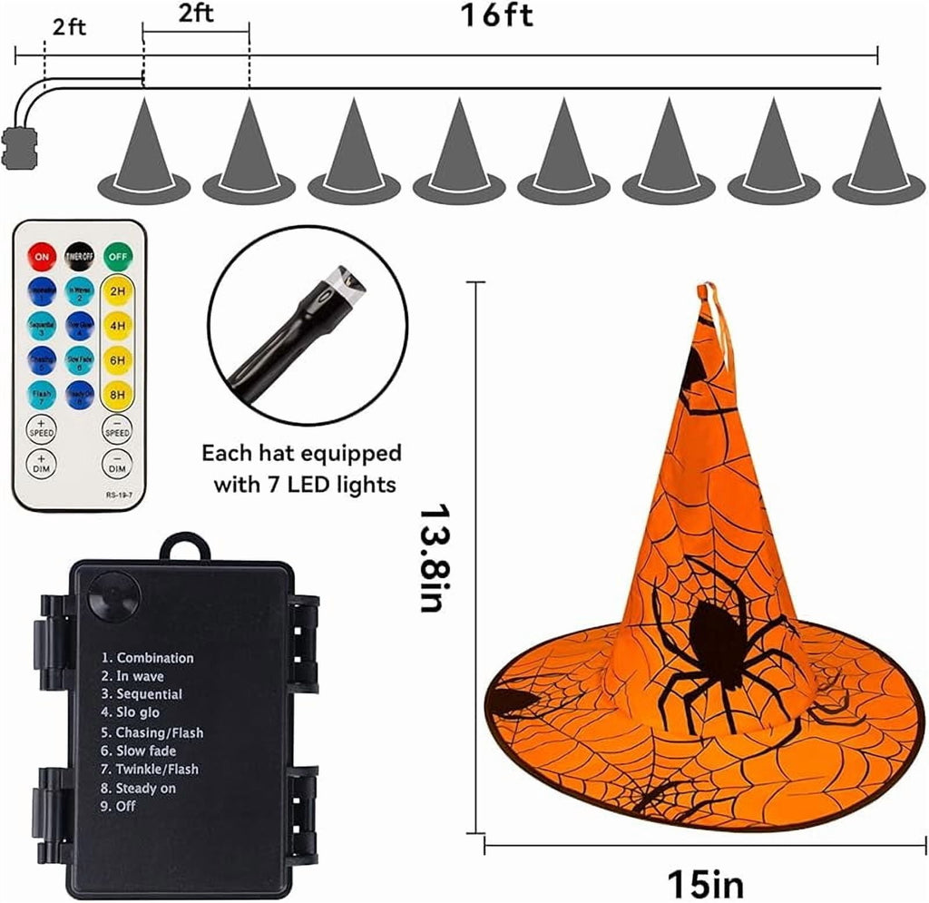 Halloween Decorations 8 Pcs Lighted Hanging Witch Hats, Remote Control with 8 Modes Light Up 14 FT Halloween String Lights, for Indoor Outdoor Yard, Lawn, Graveyard Scenes Party
