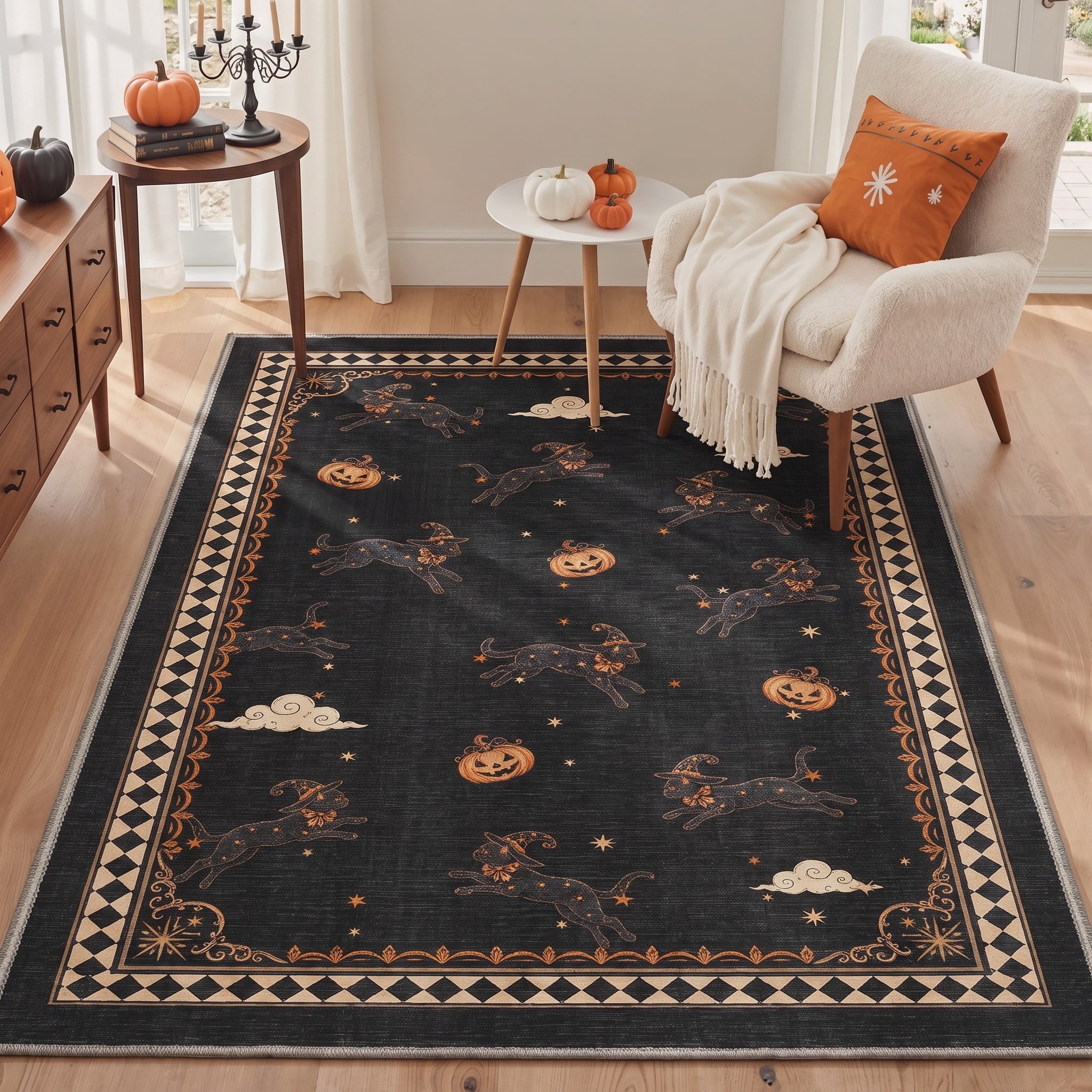 GENIMO 2'x7' Halloween Runner Rug, Washable Non Slip Soft Whimsical Skeleton Indoor Outdoor Hallway Runner for Porch Patio Kitchen Entryway, Charcoal Black
