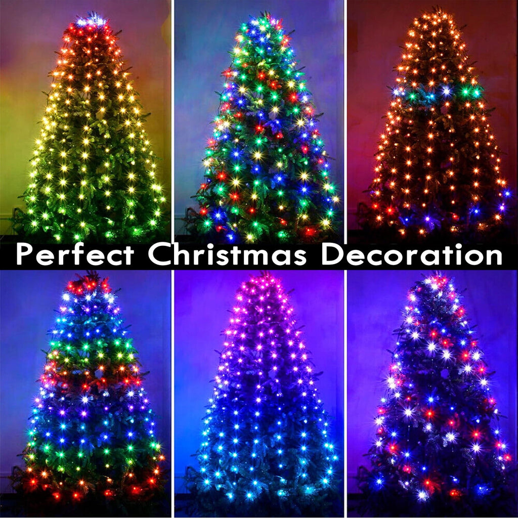 IC ICLOVER Christmas Tree String Lights Decorations with Ring Smart APP, 200 LED Waterfall Lights IP65 Waterproof Multi-Modes with Remote Color Changing Lights for Wedding Yard Party Home Holiday