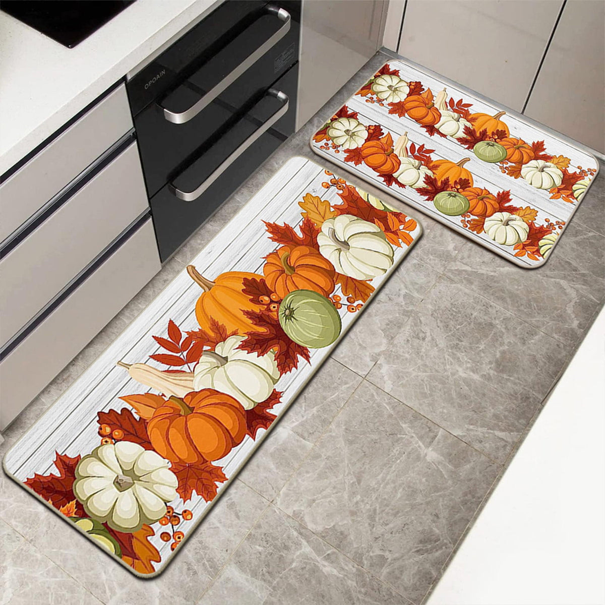 Decorative Kitchen Floor Mats Set of Two, Fall Theme Pumpkin Turkey Pattern Kitchen Rugs and Mats for Outdoor Indoor Kitchen Decor Halloween Thanksgiving Non-Slip Doormat
