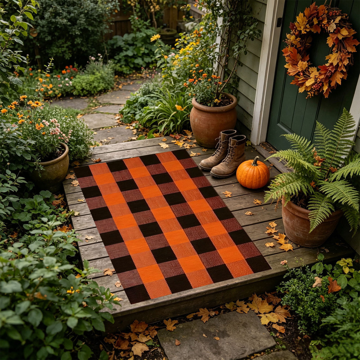 Orange Plaid Fall Outdoor Mat, Hand-Woven Porch Rug for Thanksgiving Halloween Door Decor