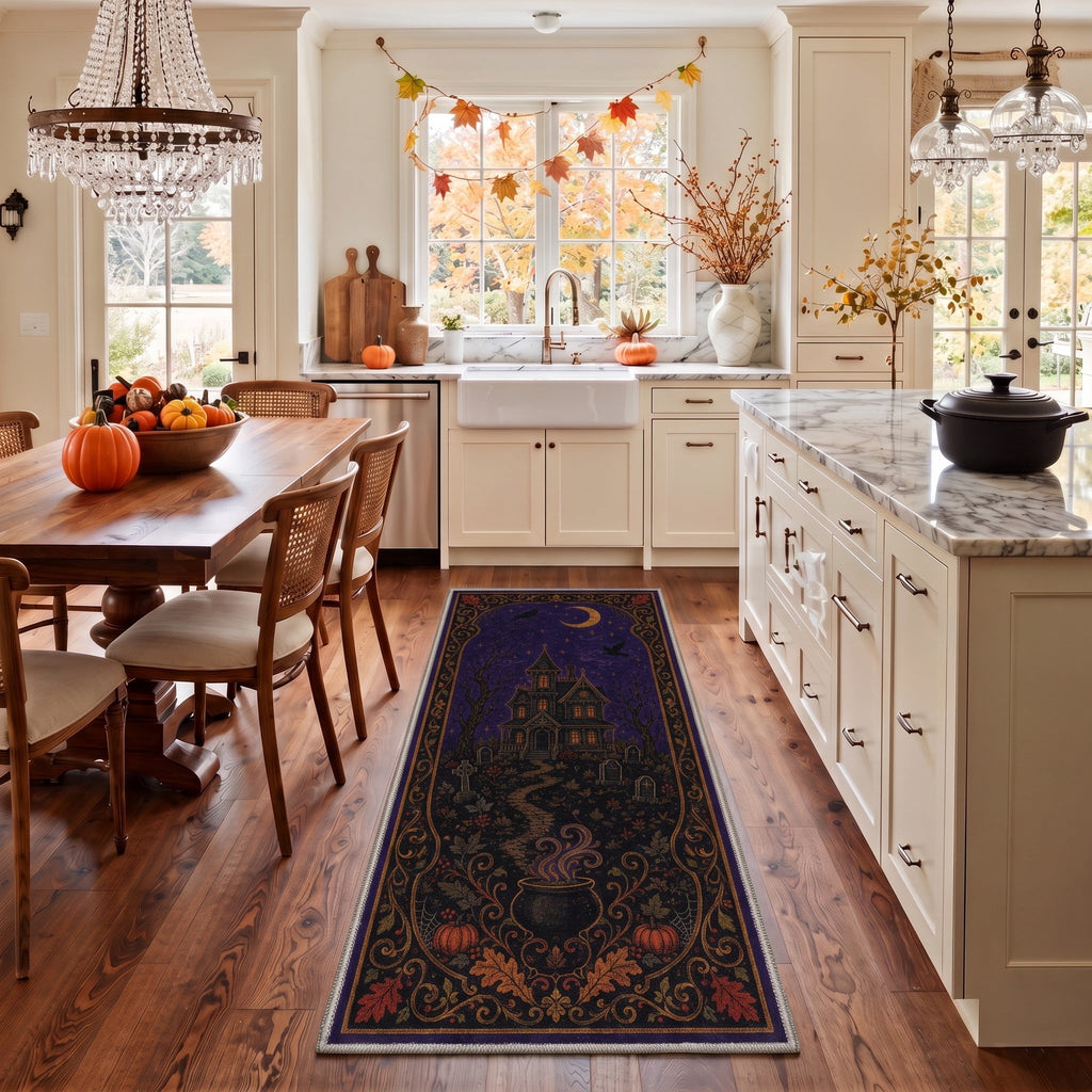 GENIMO 2'x7' Halloween Runner Rug, Washable Non Slip Soft Vintage Witch Indoor Outdoor Hallway Runner for Porch Patio Kitchen Entryway, Vintage Black