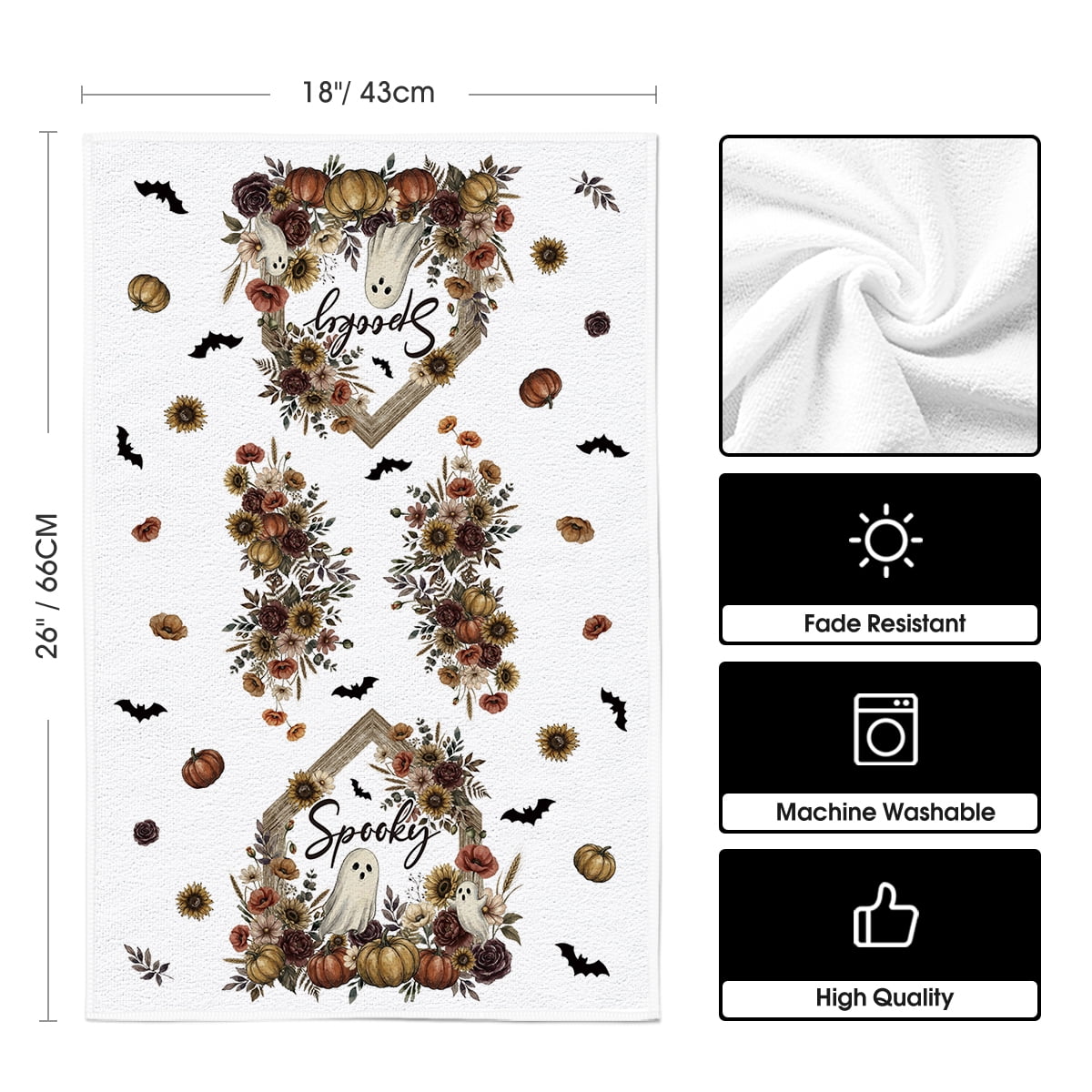 Sm:)e Ghost Pumpkins Bats Floral Spooky Halloween Kitchen Towels Dish Towels, 18x26 Inch Jack-O'-Lantern Decoration Hand Towels Set of 2