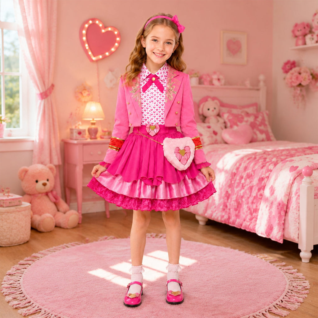 Satmonnus Women's Pink Princess Costume Set, Adult Halloween Cosplay Outfit with Heart Print Jacket, Layered Skirt & Fuzzy Bag, Fancy Dress Up for Themed Parties